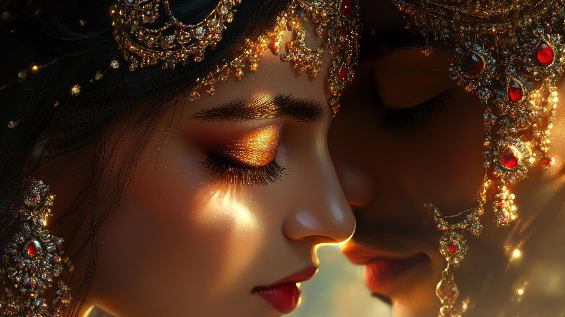Radha Krishna HD wallpaper: close-up, tender gaze, intricate jewelry, soft golden light