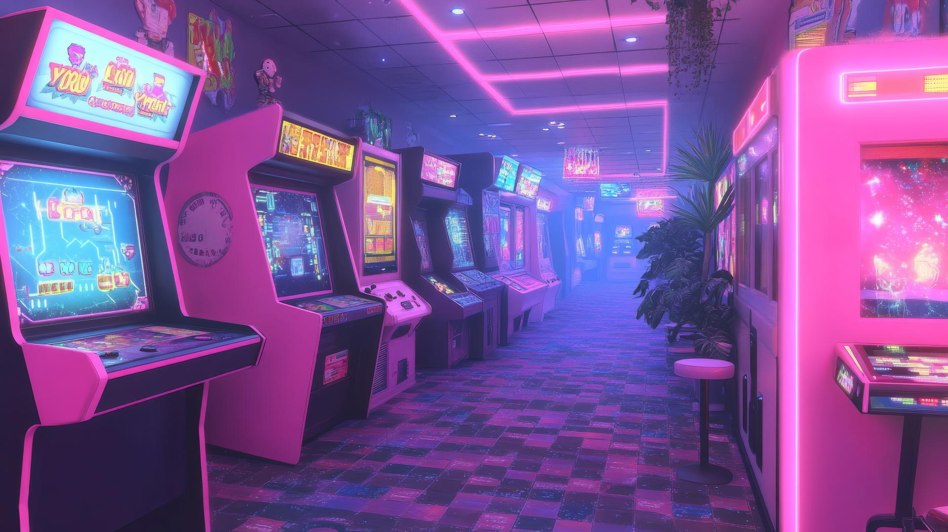 pink Y2K wallpaper with neon pink game machines and pixelated characters