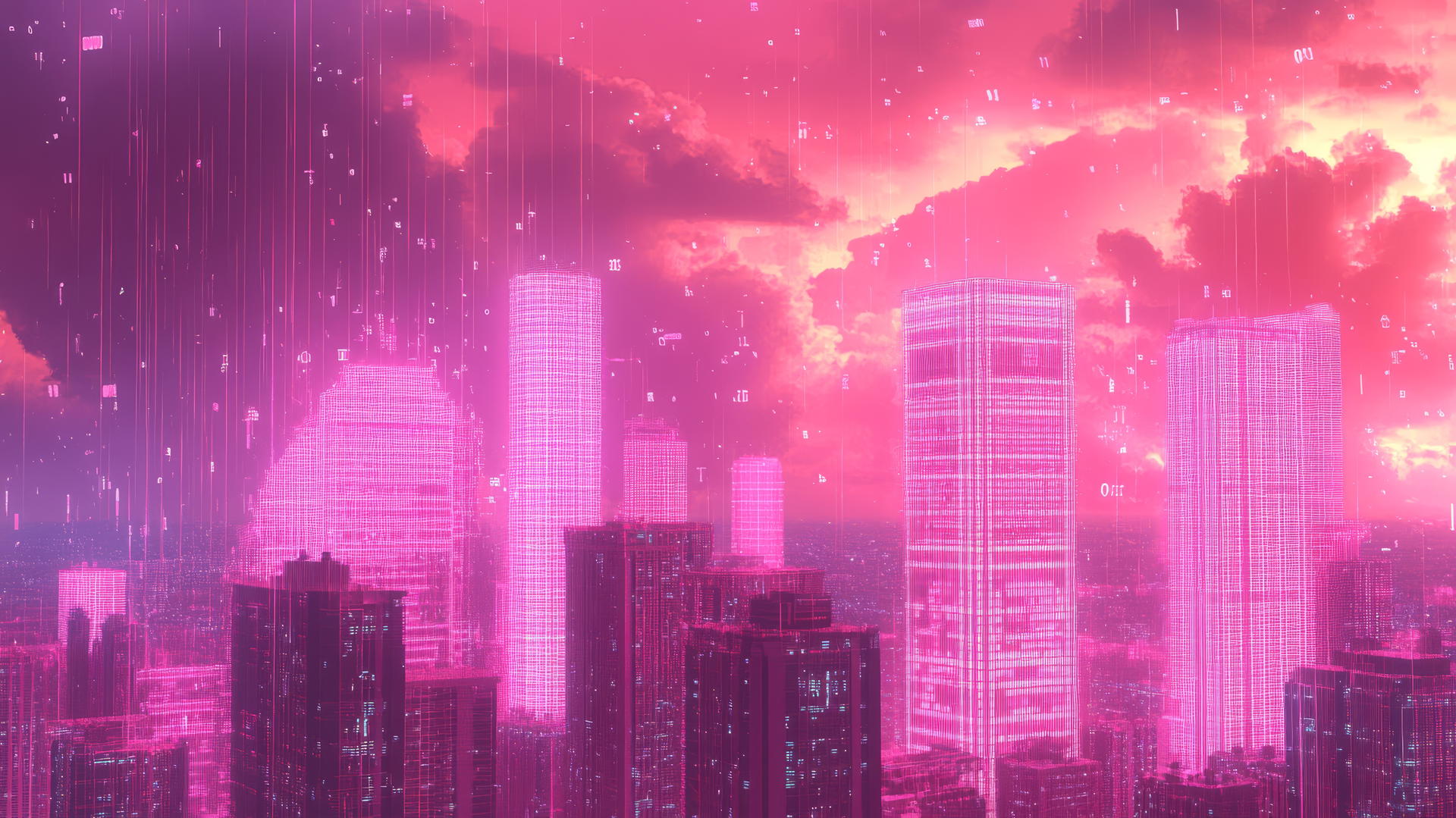 pink Y2K wallpaper of a neon pink digital cityscape with skyscrapers and glitchy digital rain