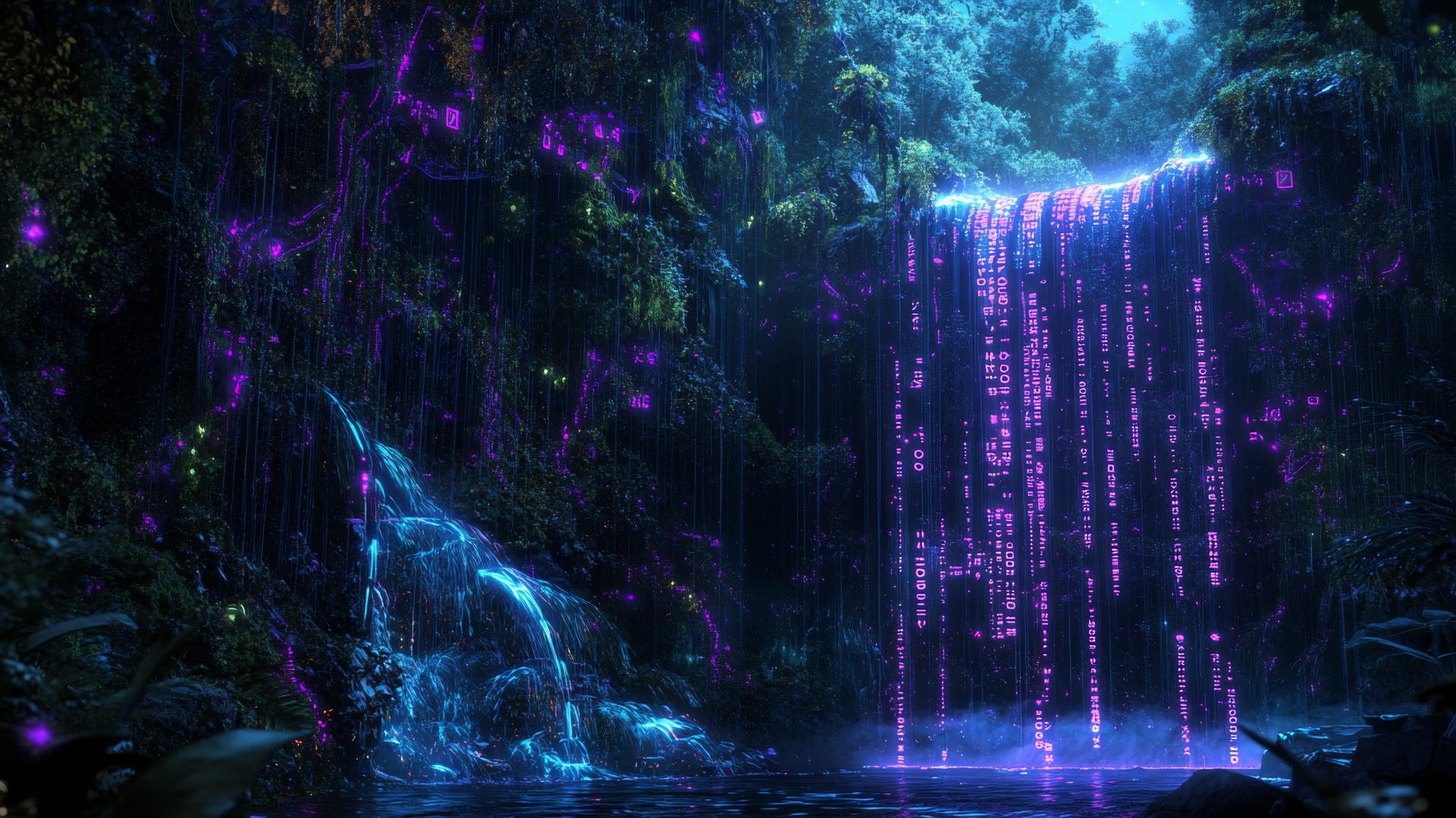 wallpaper y2k with a cybernetic jungle, glowing vines, neon animals, and digital waterfall