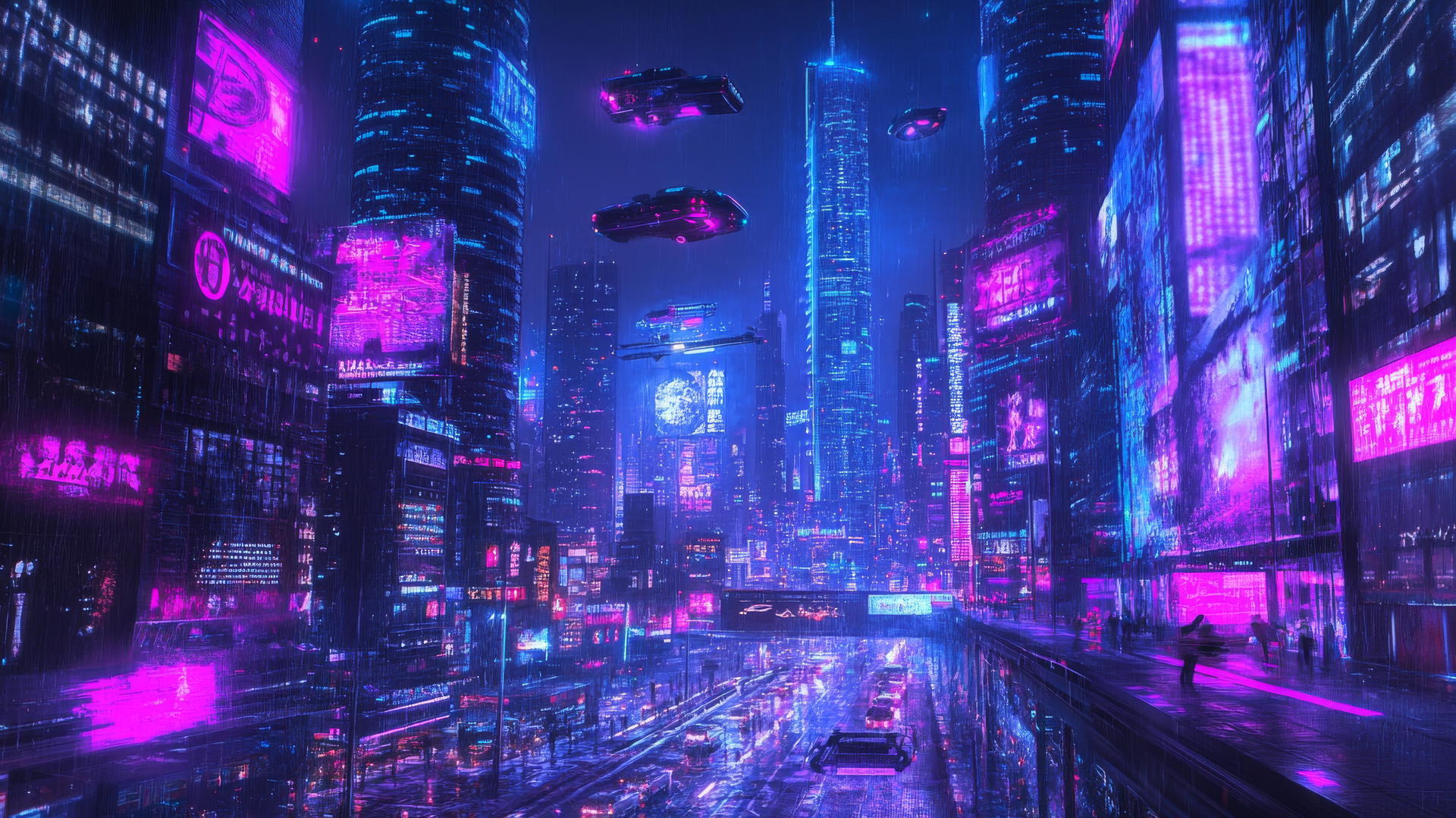 futuristic Y2K wallpaper with neon cityscape, glitchy billboards, flying cars