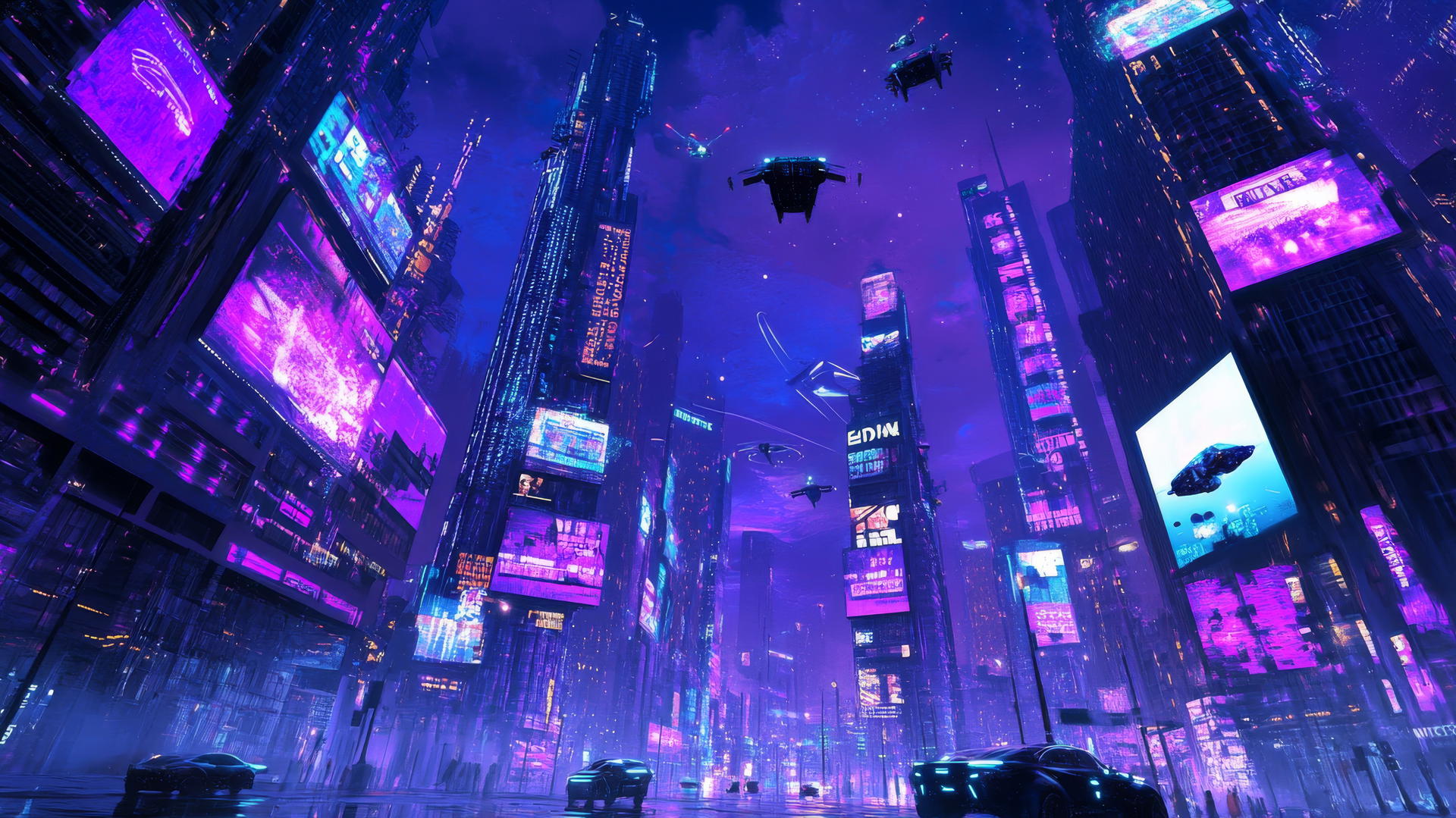 Y2K wallpaper with neon-lit cityscape, flying cars, glitchy billboards