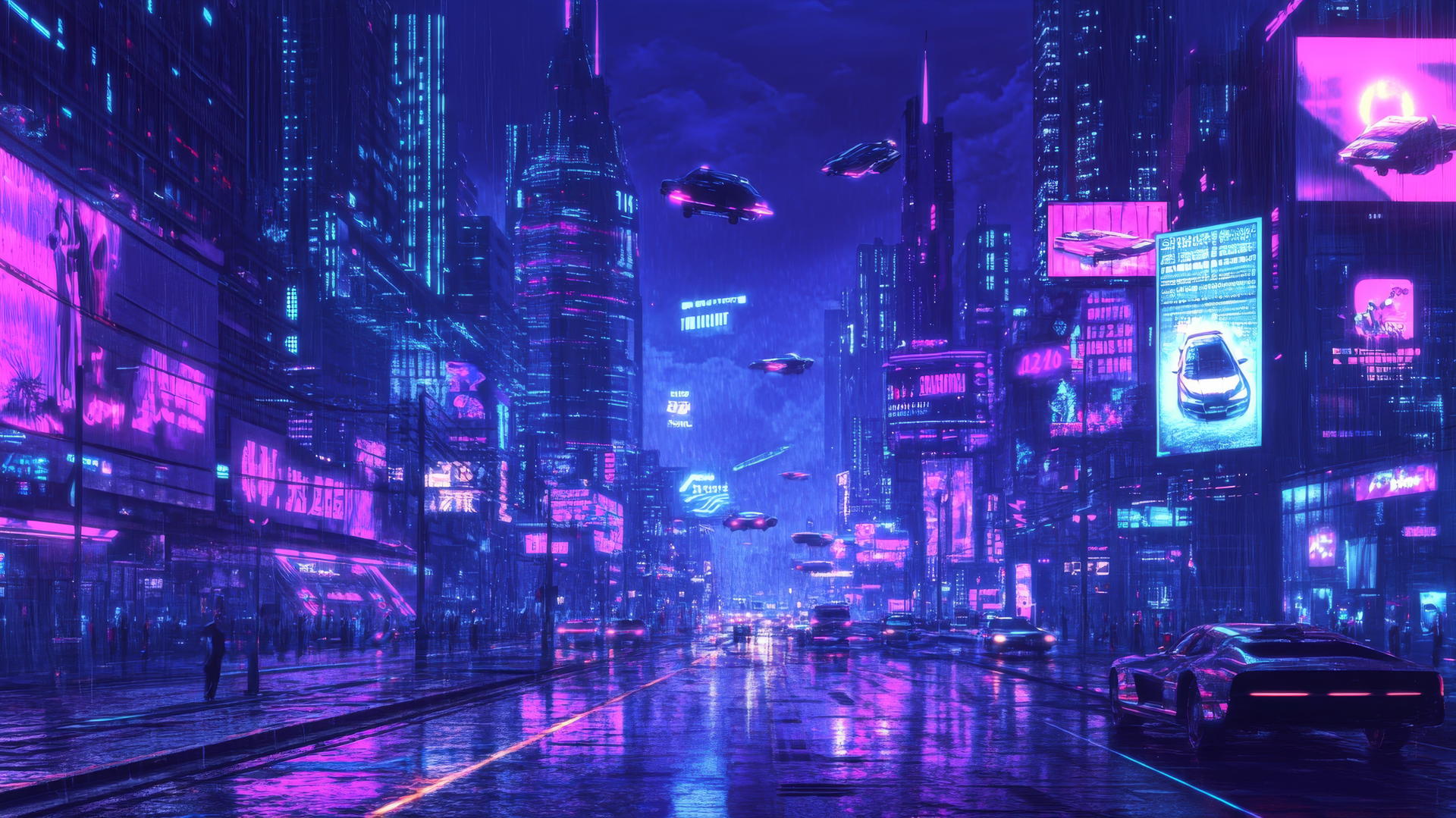 futuristic y2k wallpaper with neon-lit cityscape, glitchy billboards, and flying cars