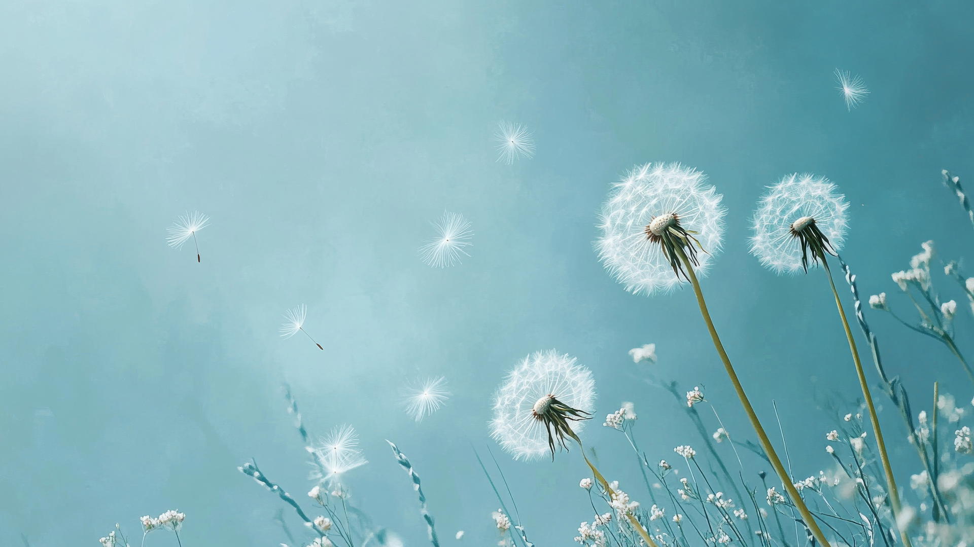 light blue wallpaper with dandelion seeds blowing in the wind