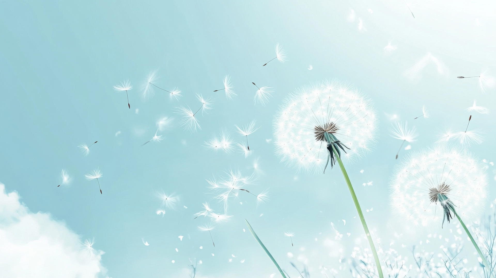 dandelion seeds blowing in wind against light blue wallpaper