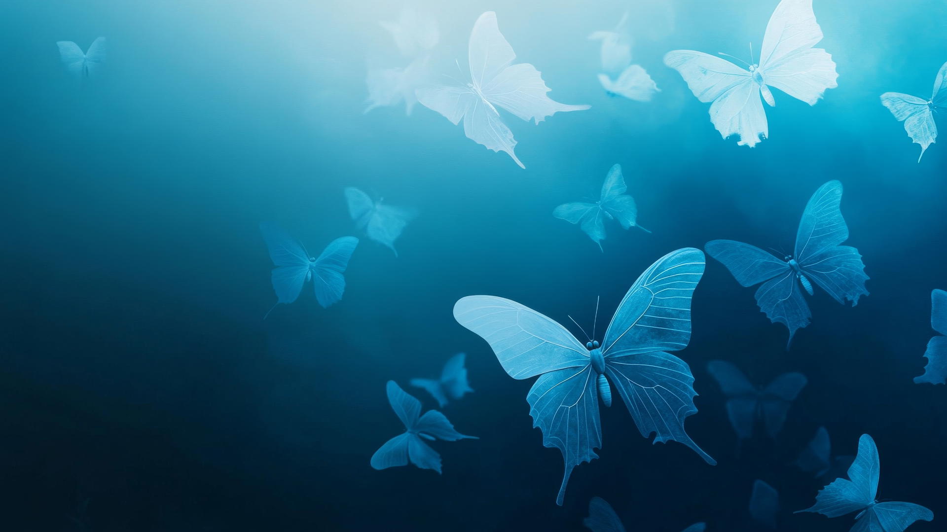 blue wallpaper aesthetic with ethereal butterflies across a gradient blue background