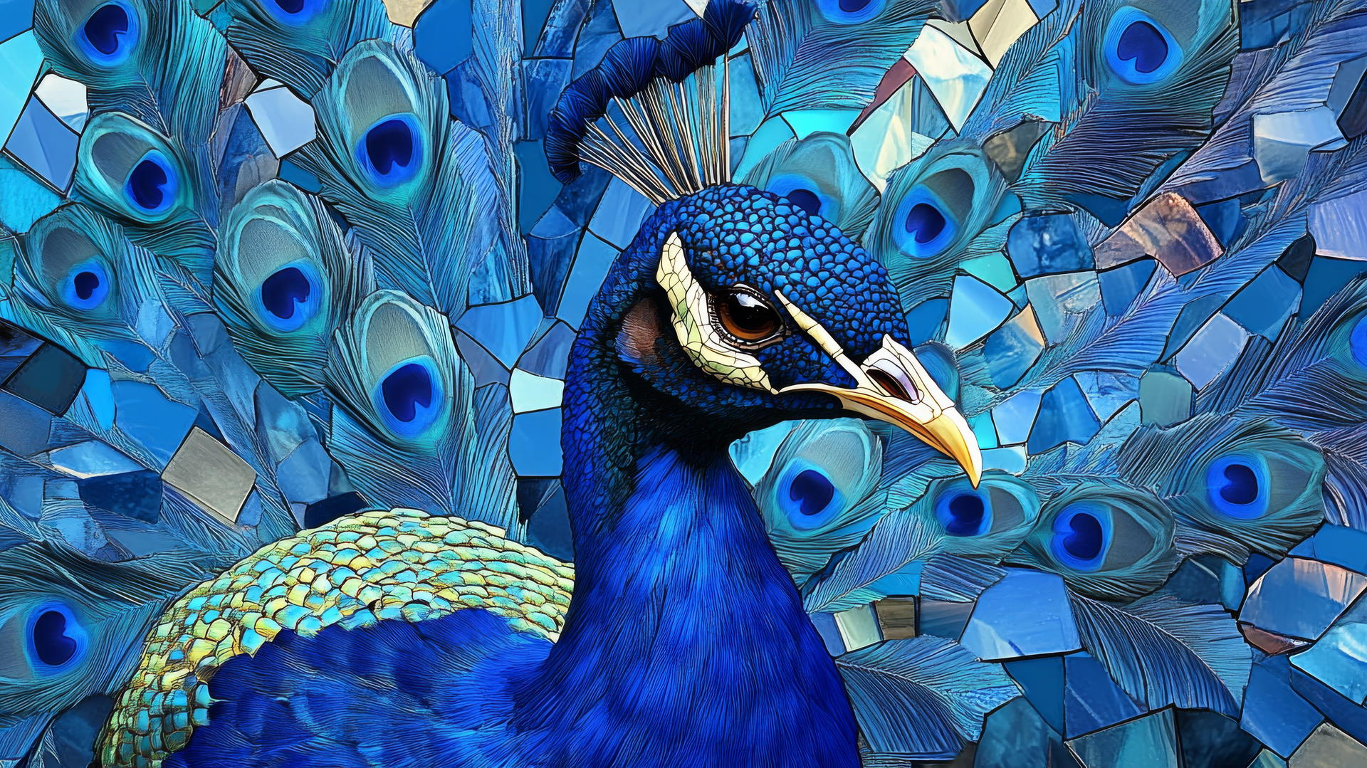 Wallpaper blue peacock with vibrant mosaic feathers