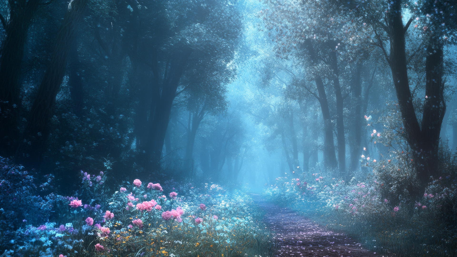 enchanted floral forest with blue mist wallpaper