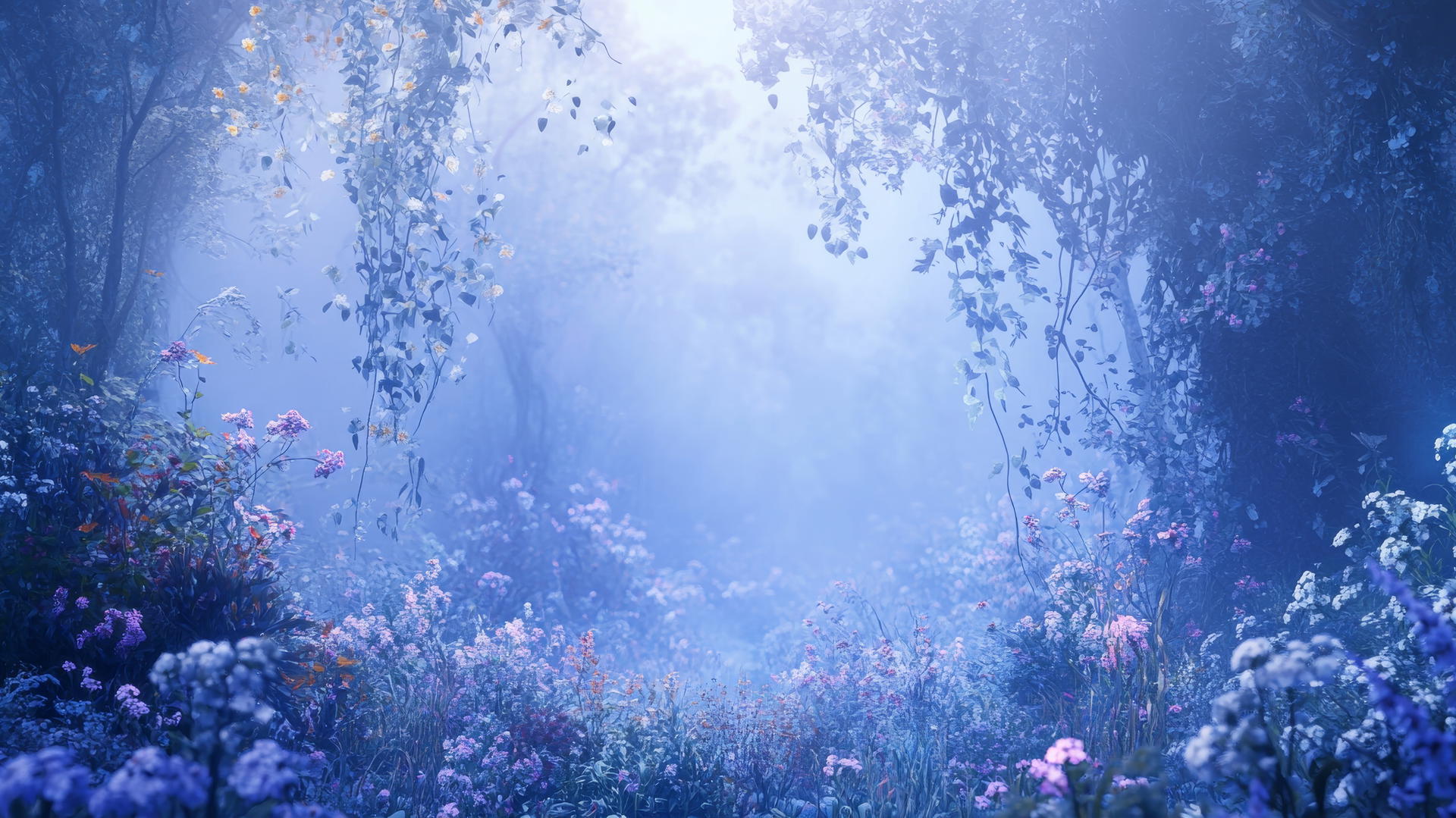 wallpaper blue, enchanted floral forest with blue mist