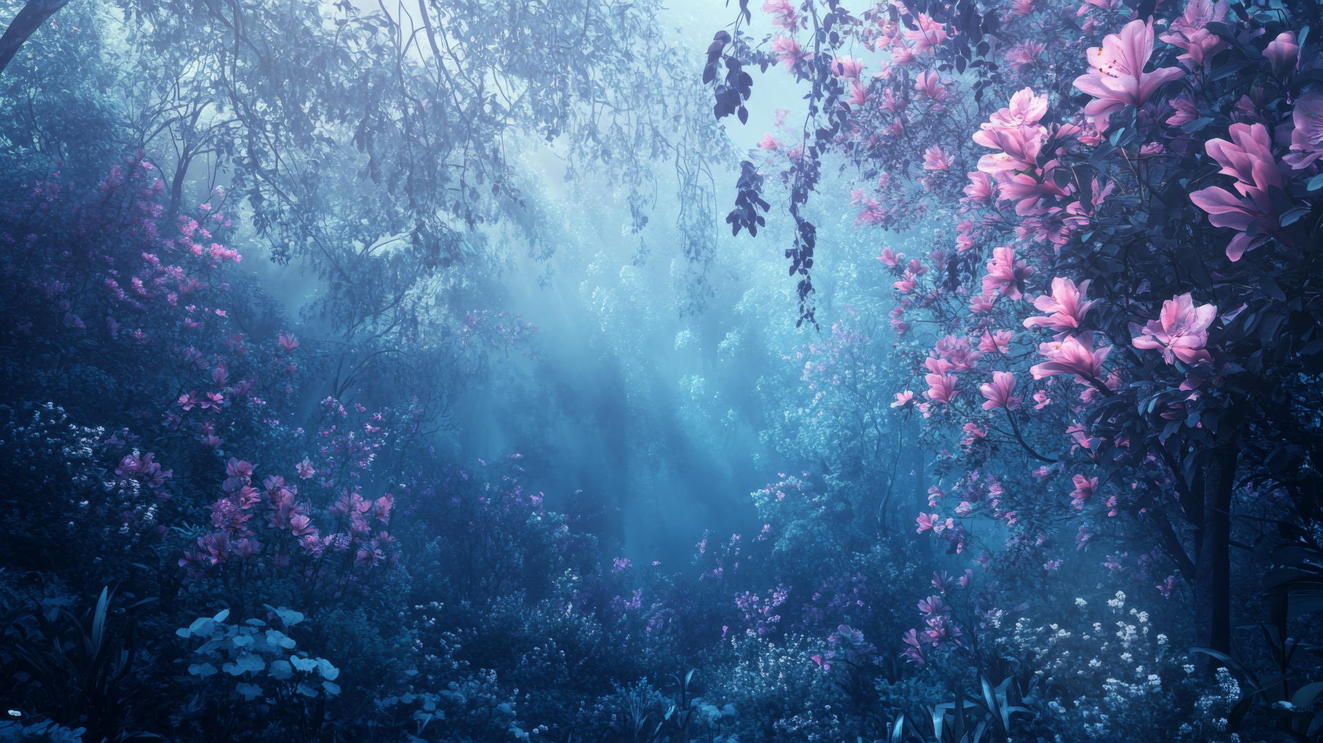 Wallpaper blue with an enchanted floral forest with blue mist