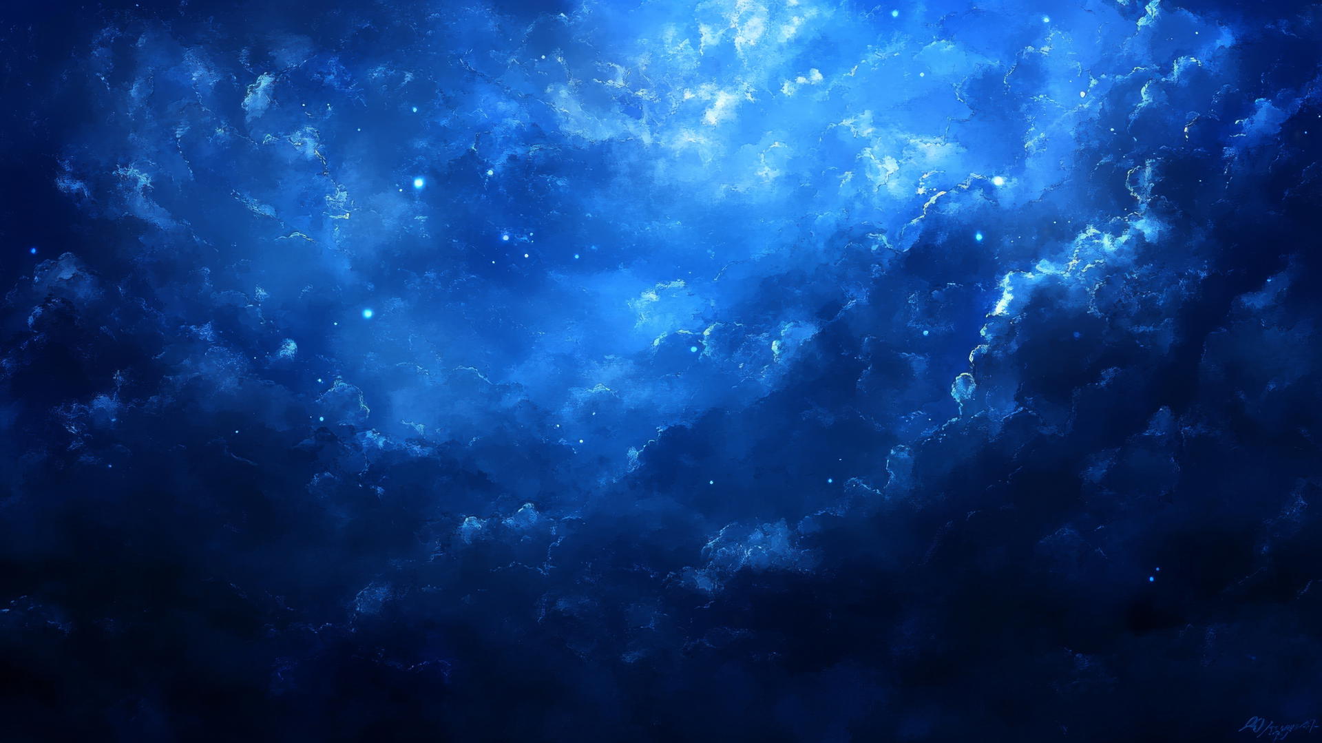 Blue background wallpaper with celestial blue clouds drifting against a twilight sky.