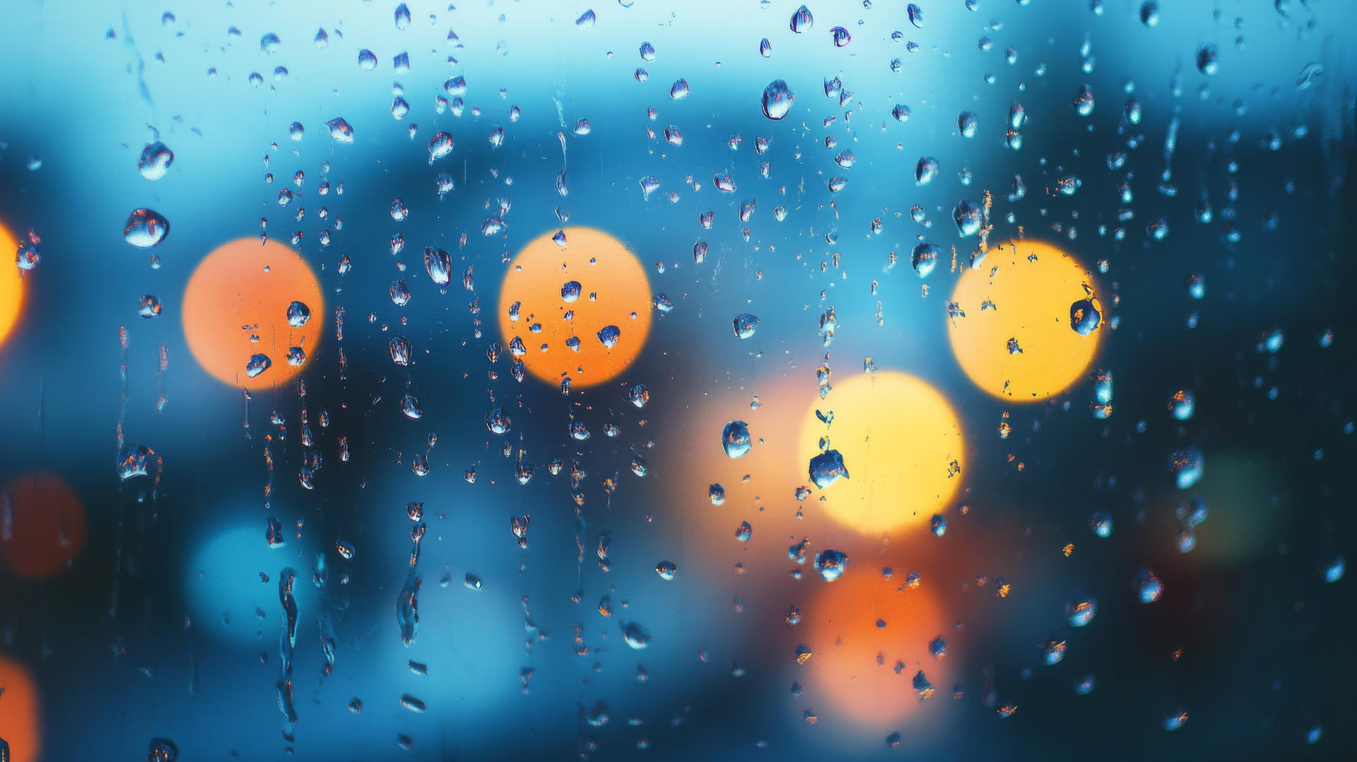 Aesthetic blue wallpaper with gentle raindrops on a window pane and blurred lights