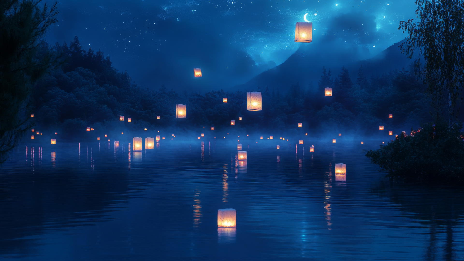 aesthetic blue wallpaper with floating lanterns on a dark lake at twilight