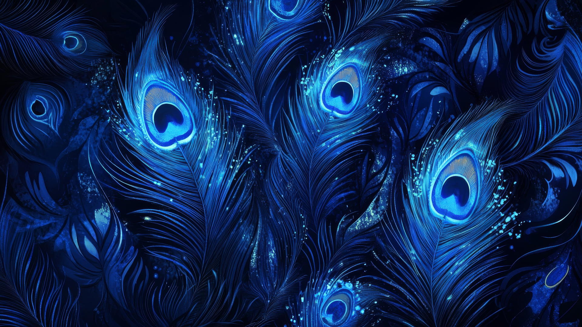 royal blue wallpaper with iridescent peacock feathers on dark background