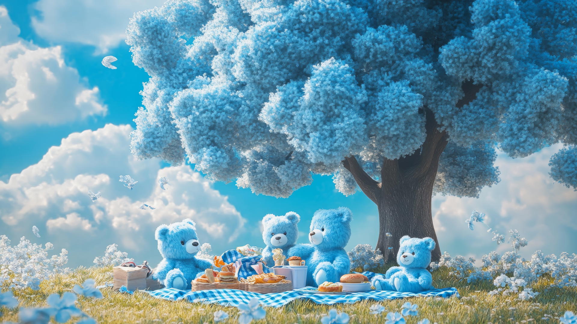 Cute blue wallpaper with fluffy teddy bears having a picnic under a big tree