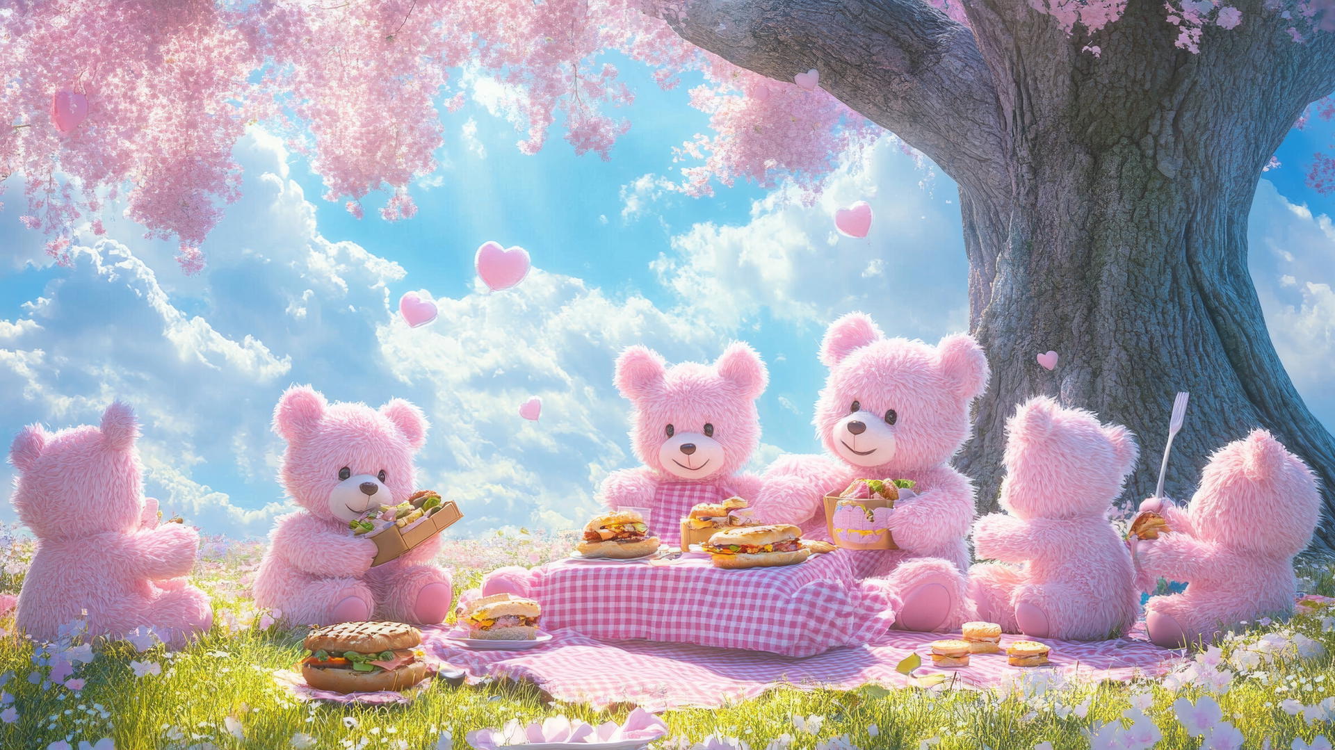 cute pink wallpaper with fluffy pink teddy bears having a picnic