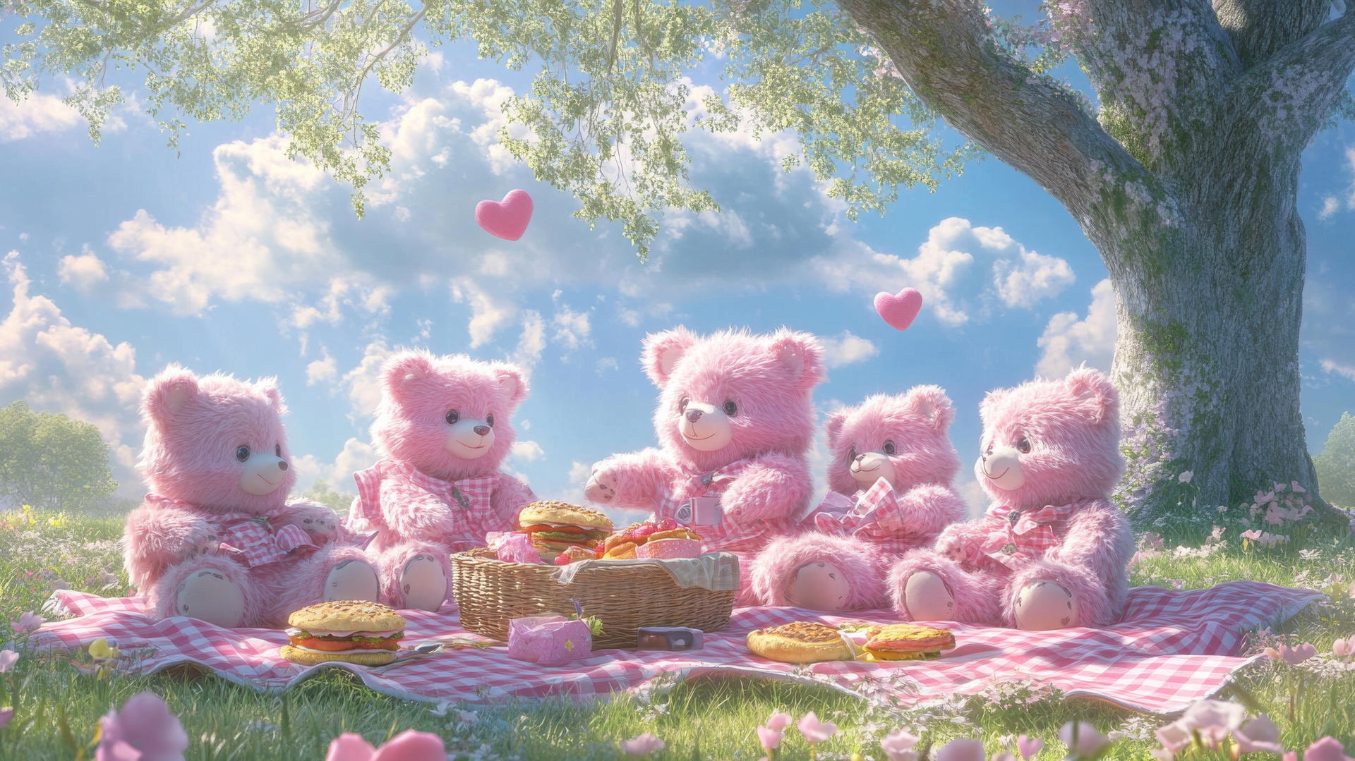 cute pink wallpaper of fluffy teddy bears having a picnic under a big tree