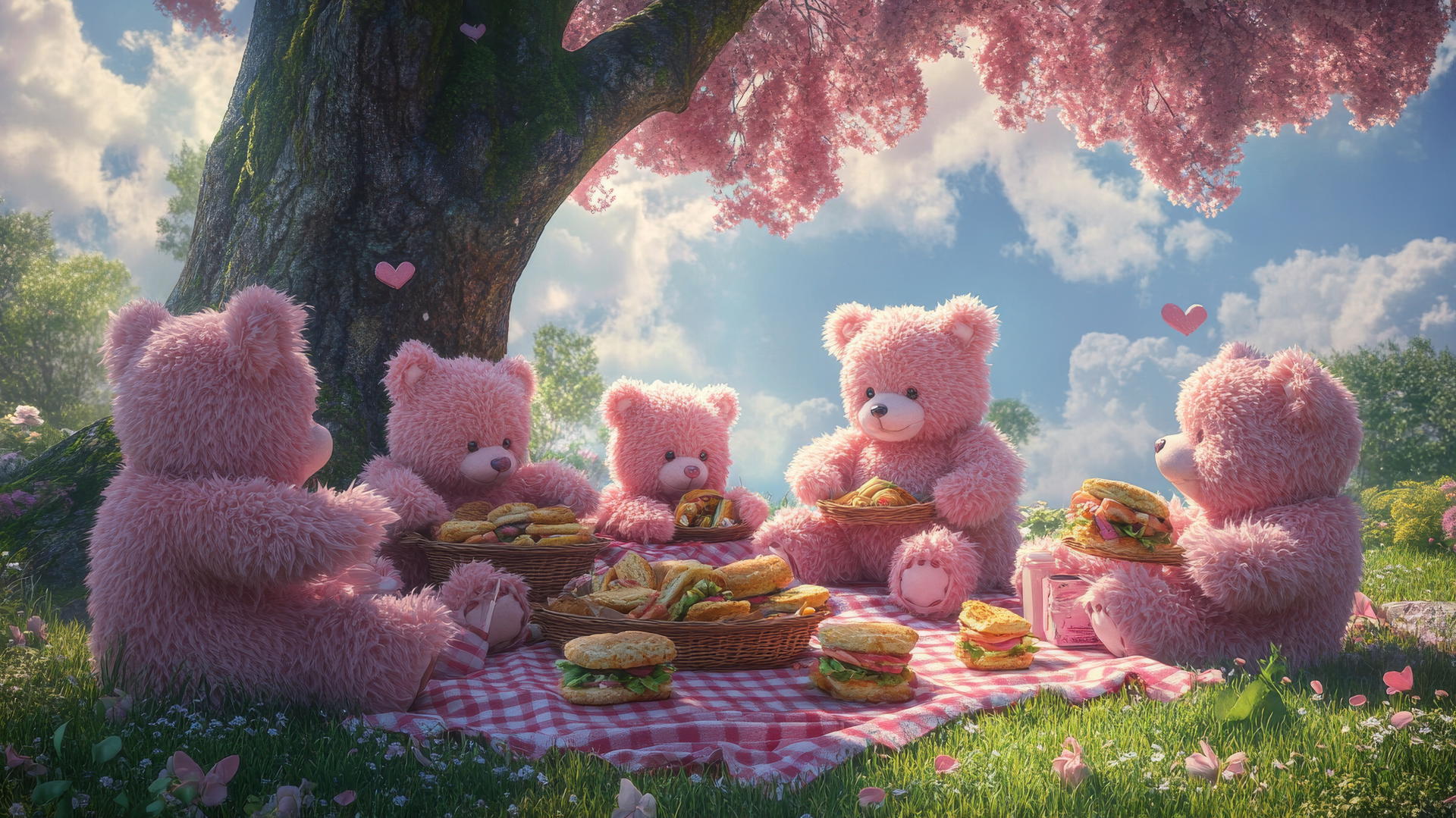 Cute pink wallpaper with fluffy pink teddy bears having a picnic