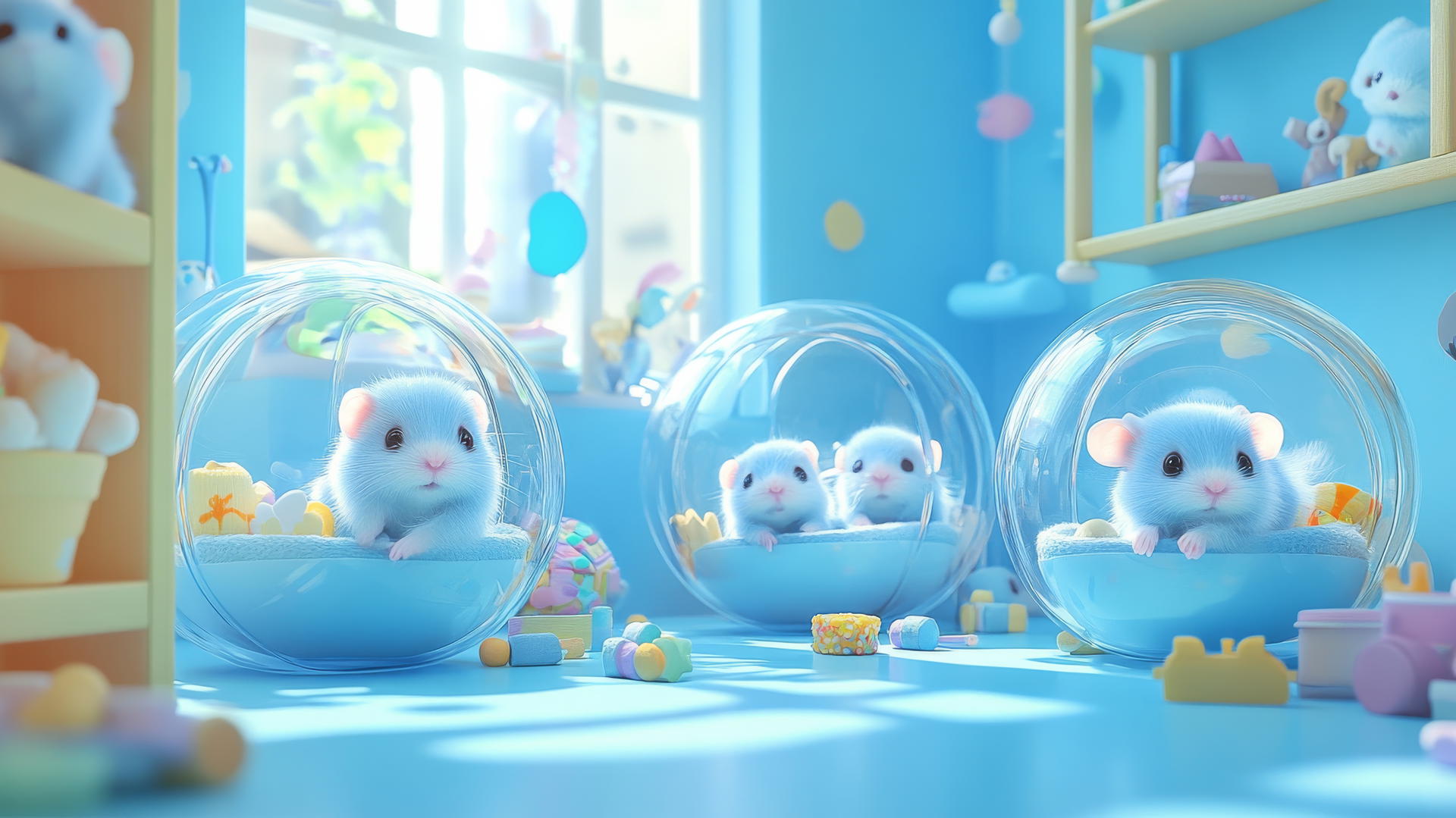 cute blue wallpaper with adorable hamsters in transparent balls in a playful blue room
