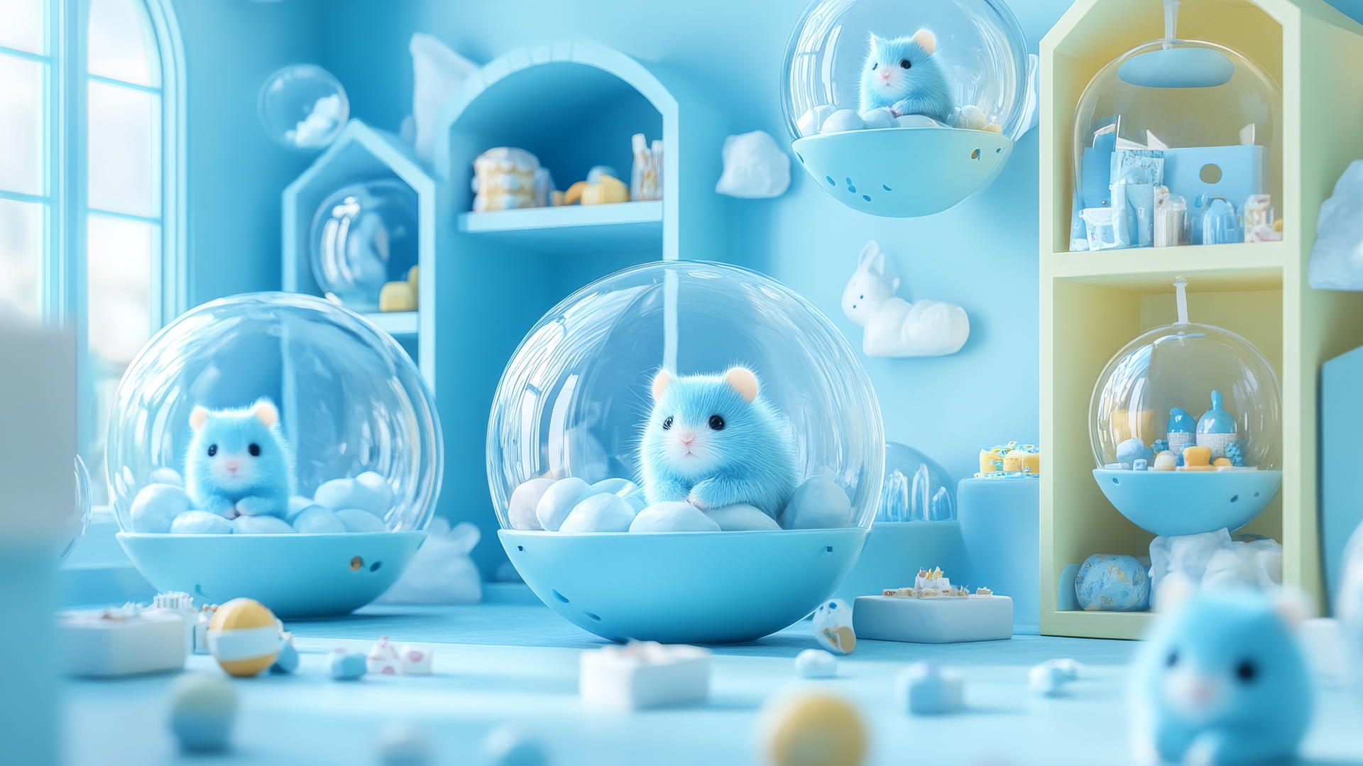 cute blue wallpaper with adorable blue hamsters in transparent hamster balls
