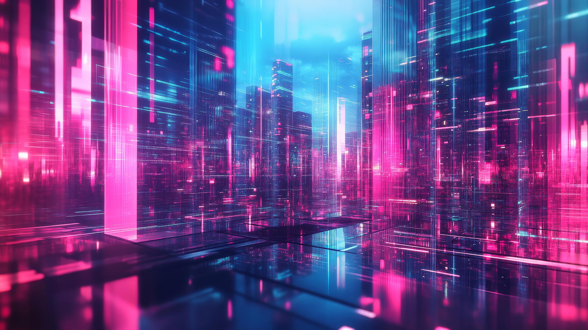 pink and blue wallpaper with neon modern cityscape and glass buildings