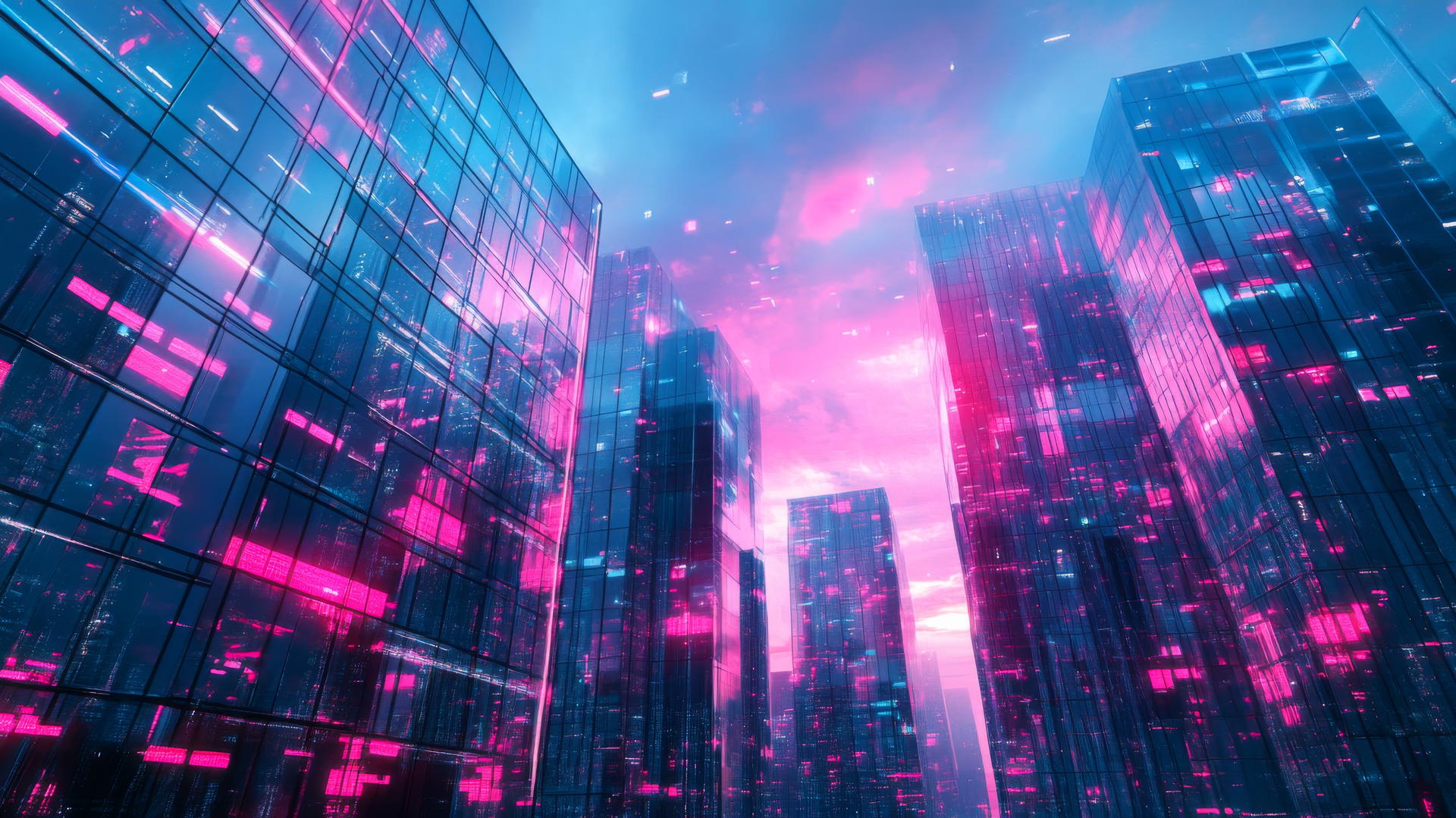 pink and blue wallpaper with neon-lit modern cityscape