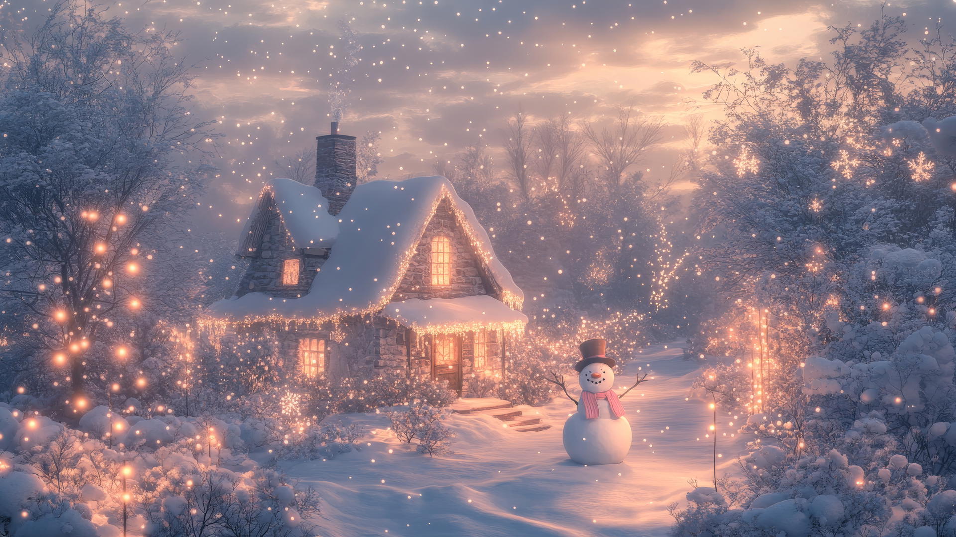 girly cute Christmas wallpaper with pastel cottage, snowman, fairy lights