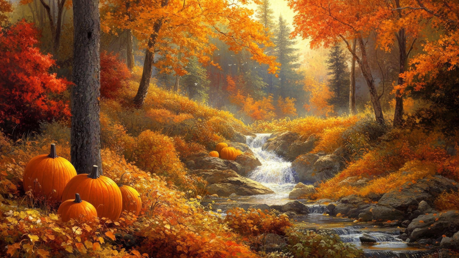 thanksgiving wallpaper with autumn forest, vibrant foliage, pumpkins, and a stream