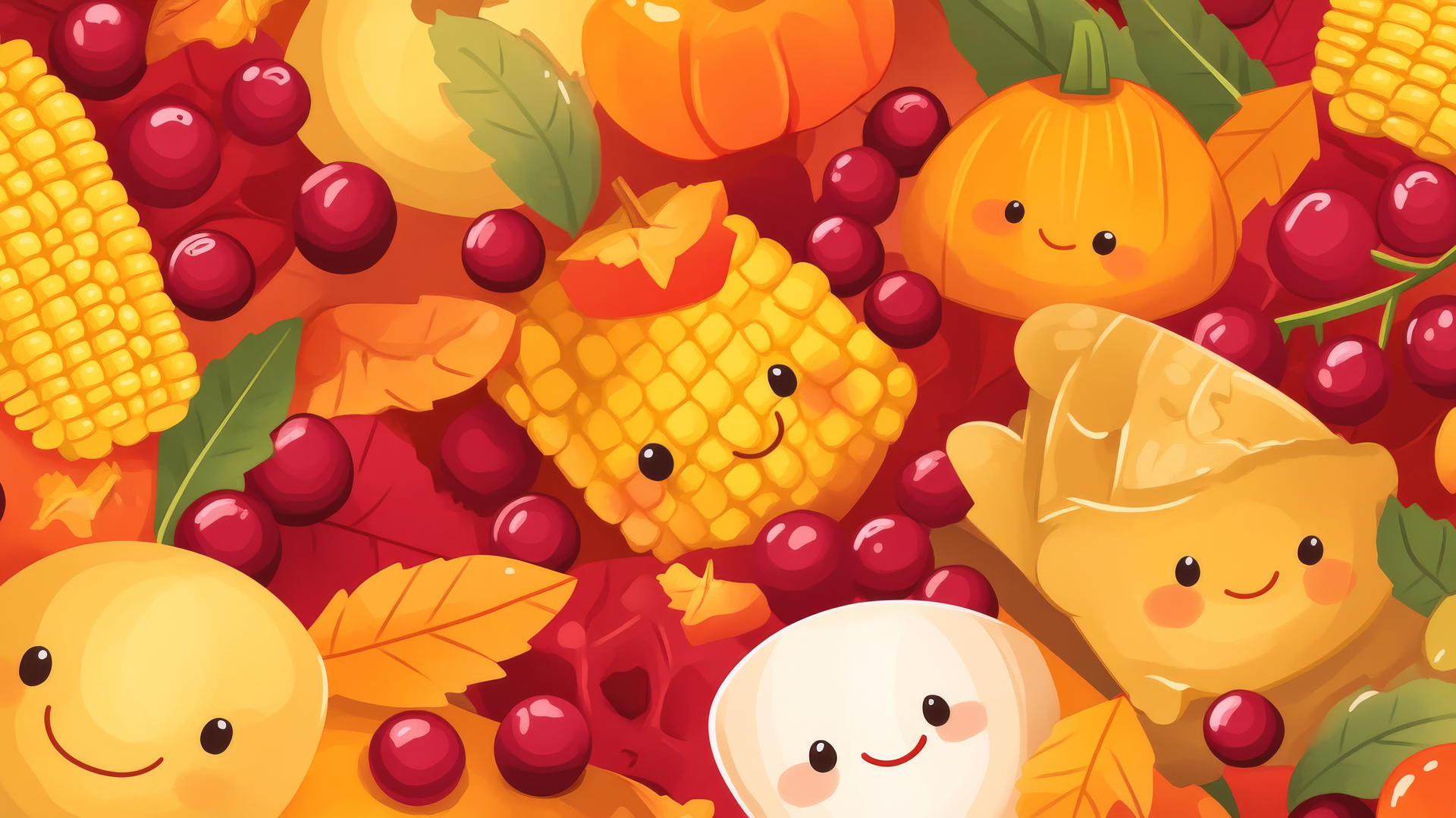 cute thanksgiving wallpaper with smiling cartoon foods like corn, cranberries, and pie