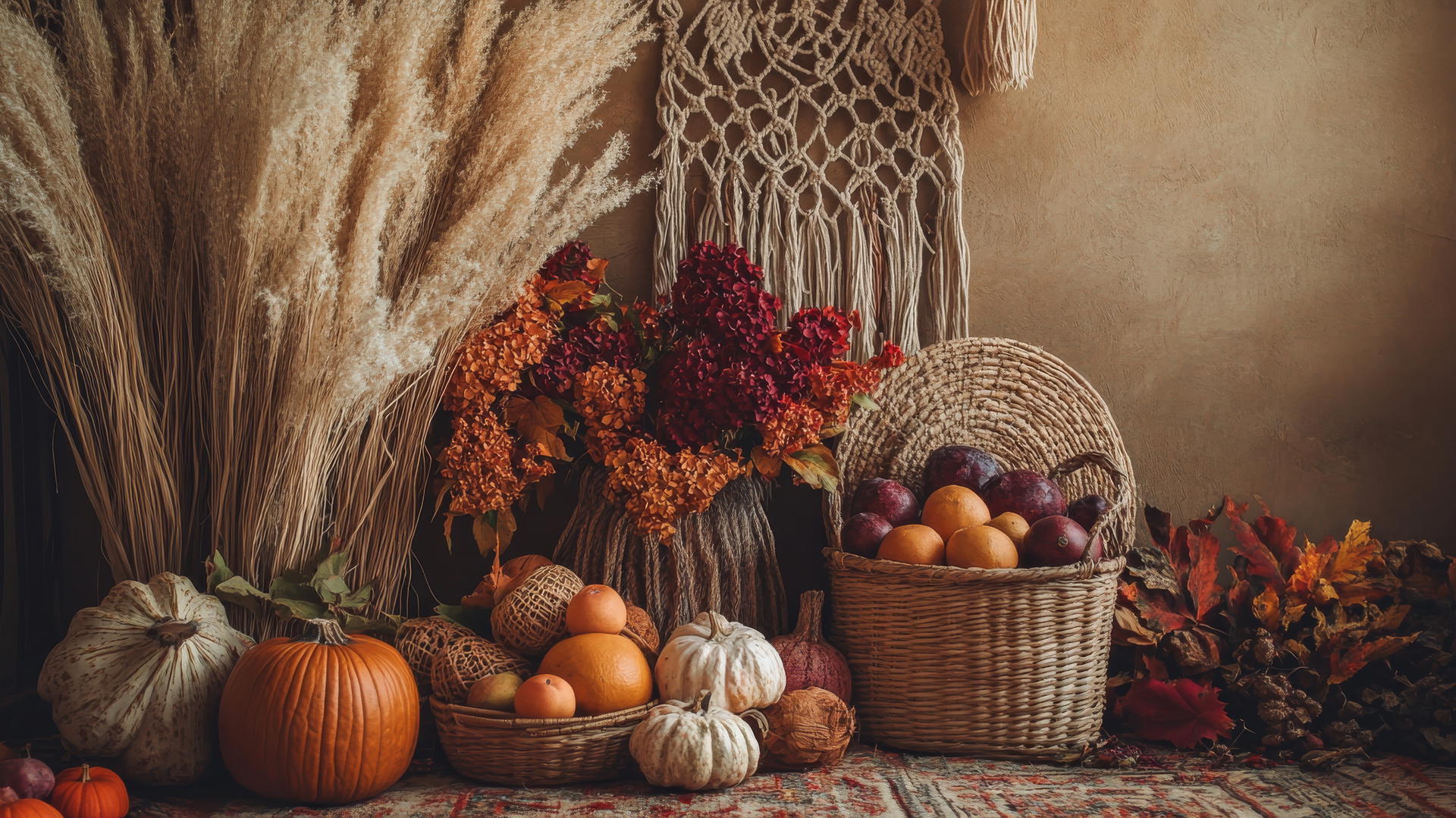 Bohemian-inspired thanksgiving wallpaper aesthetic with macramé, pampas grass, and fruits