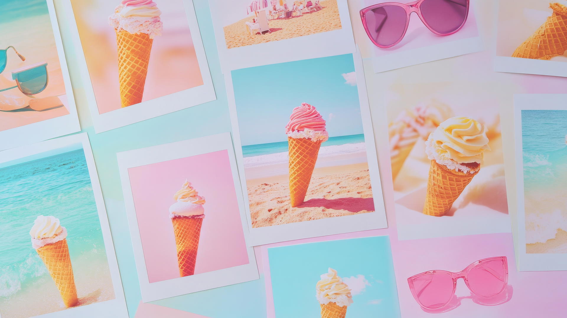 summer aesthetic wallpaper featuring vintage Polaroid photos of ice cream, beaches, and sunglasses on a pastel background