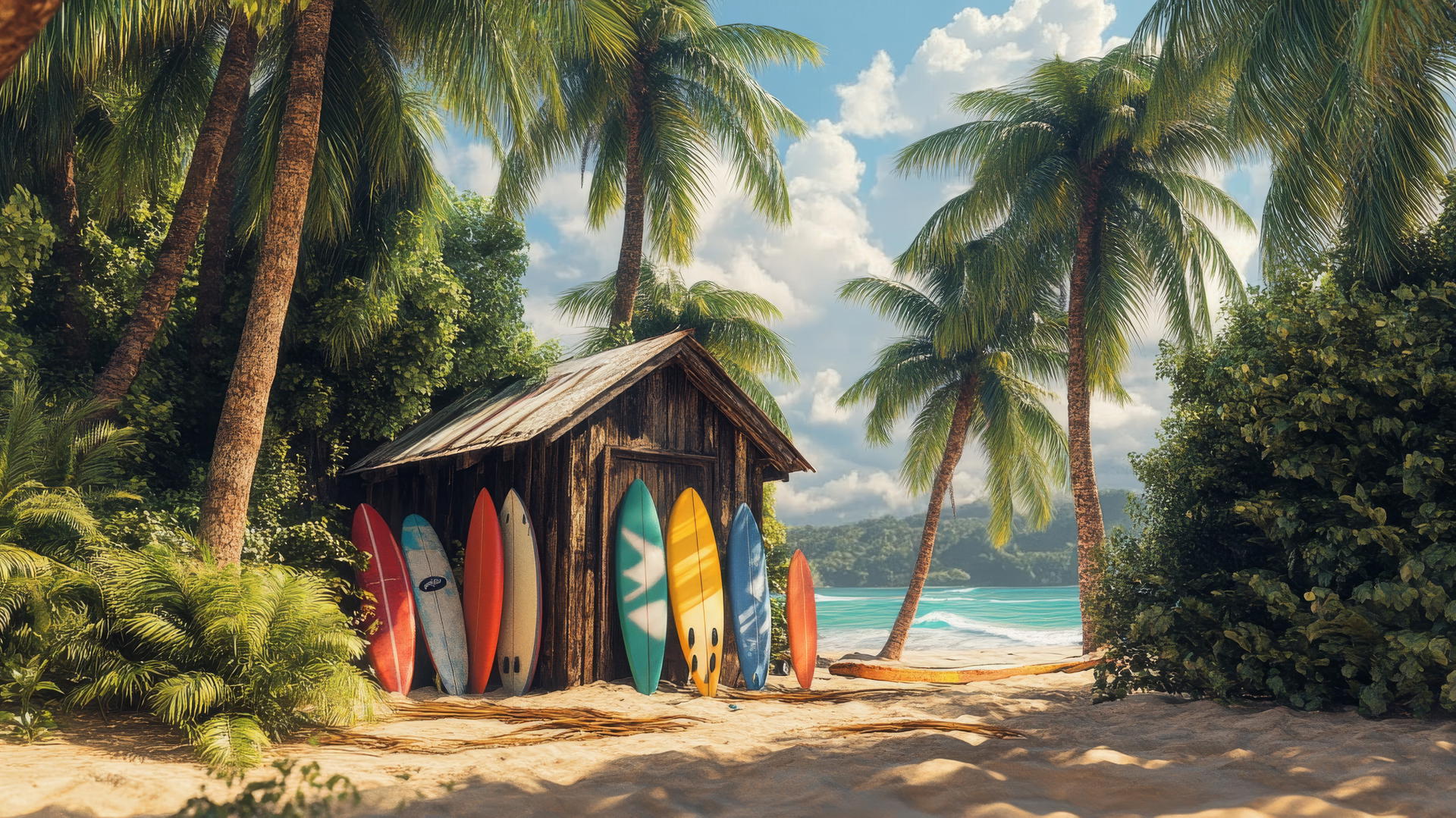 rustic surf shack on sandy beach with colorful surfboards and palm trees in a summer background wallpaper
