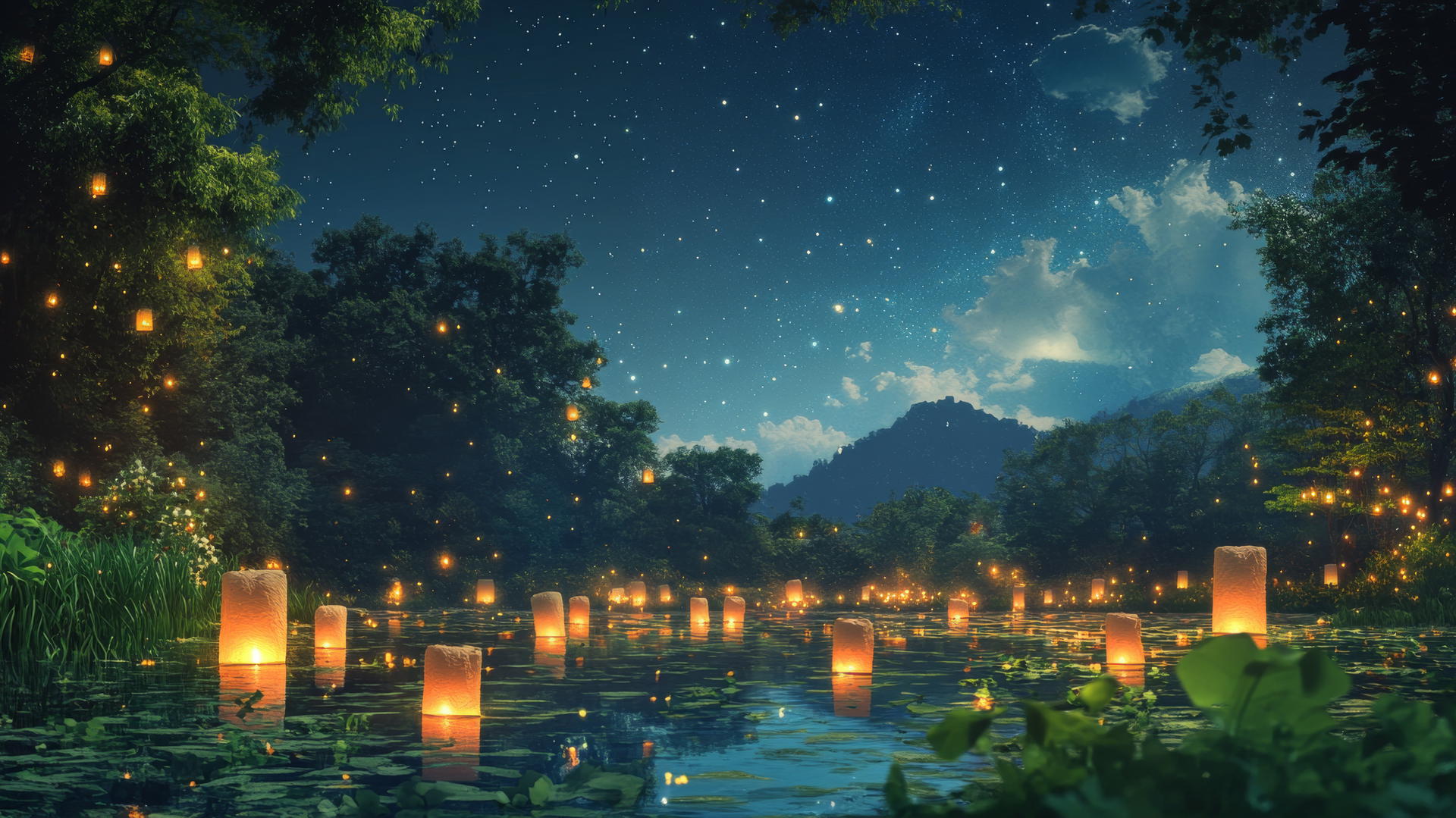 summer wallpaper aesthetic with floating lanterns over a tranquil lake