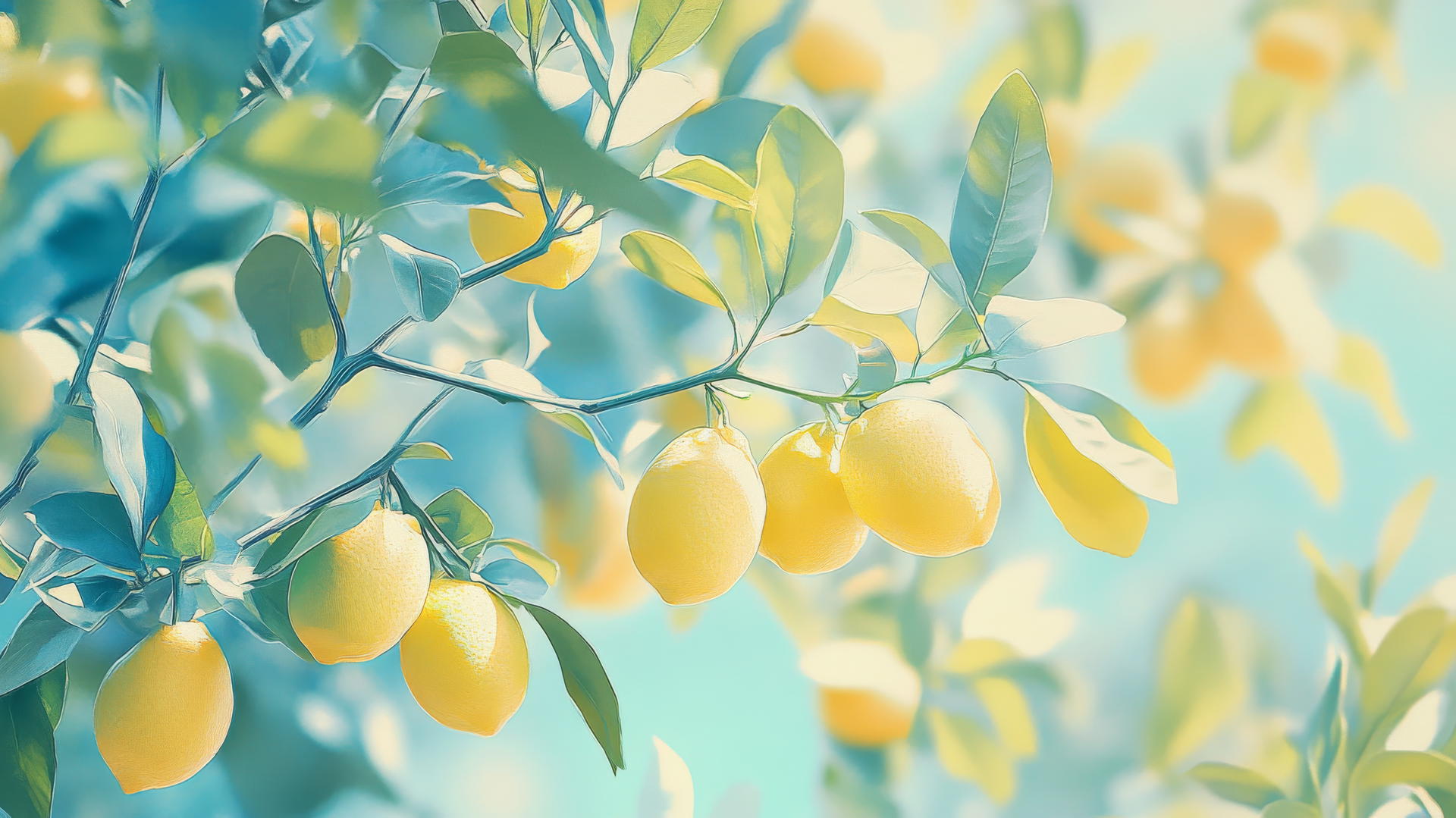 summer wallpaper aesthetic with a vibrant lemon grove, yellow lemons, green leaves, and pastel blue sky