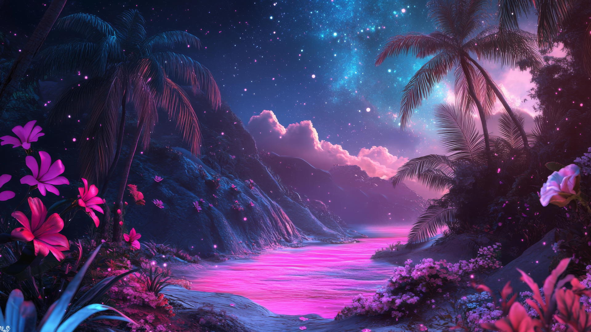 A surreal summer wallpaper aesthetic with exotic flowers, floating palm trees, neon pink ocean, and starry sky.