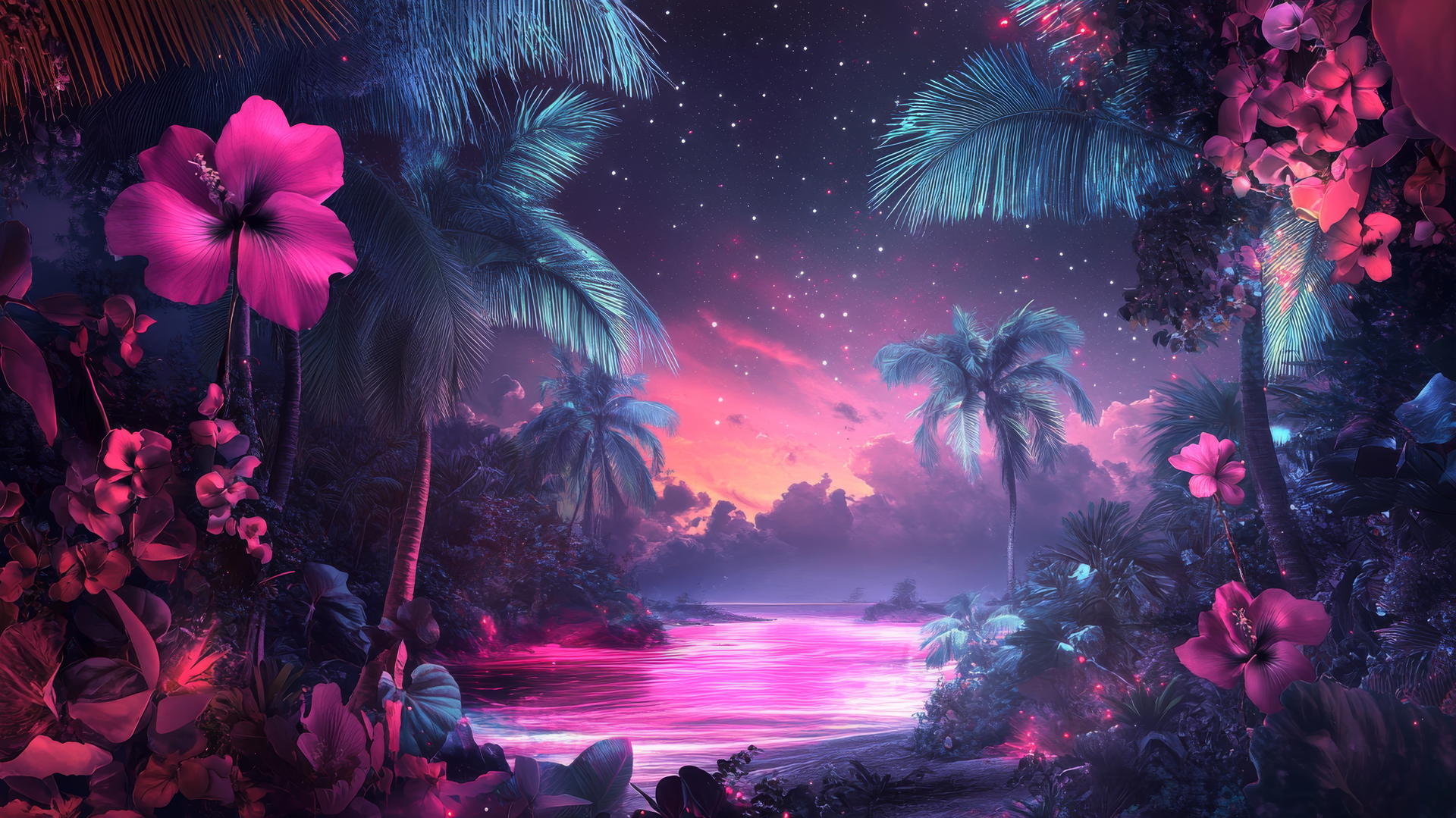 Surreal summer wallpaper aesthetic with oversized exotic flowers and neon pink ocean