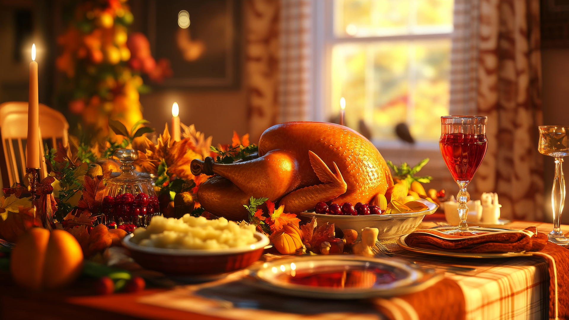 thanksgiving wallpaper of a cozy dinner table with turkey, mashed potatoes, cranberry sauce, and fall decorations