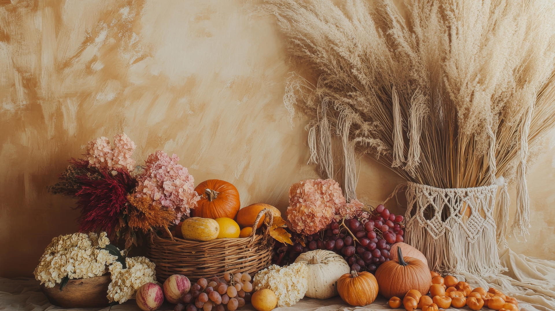 thanksgiving wallpaper aesthetic with bohemian macramé, pampas grass, and woven baskets