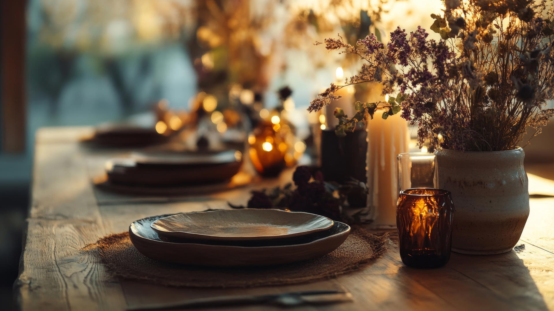 thanksgiving wallpaper aesthetic with rustic table setting, ceramic plates, dried flowers, amber glass candle holders