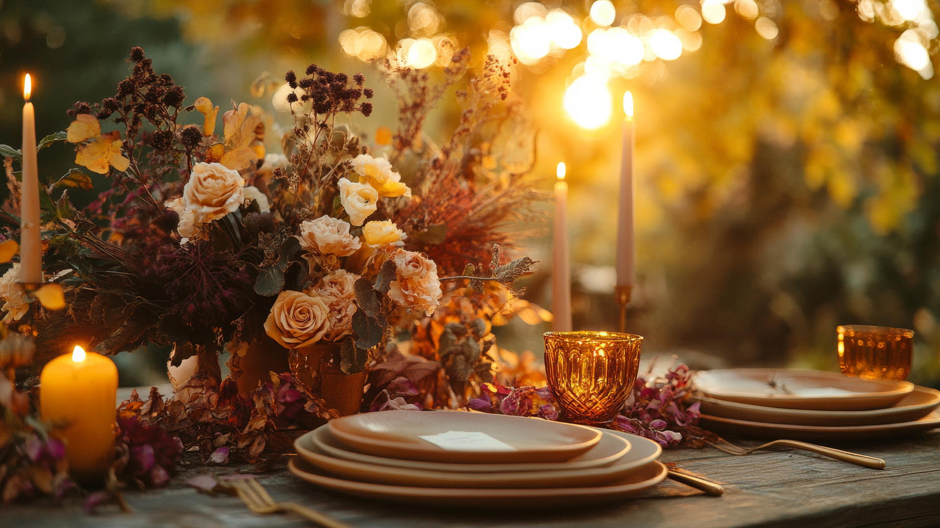 Rustic table setting with ceramic plates, dried flowers, candles, thanksgiving wallpaper aesthetic