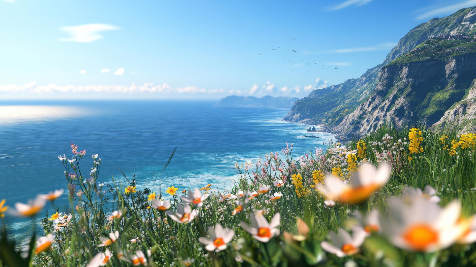 Scenic coastal cliffside view with wildflowers and ocean under a clear blue sky, summer aesthetic wallpaper