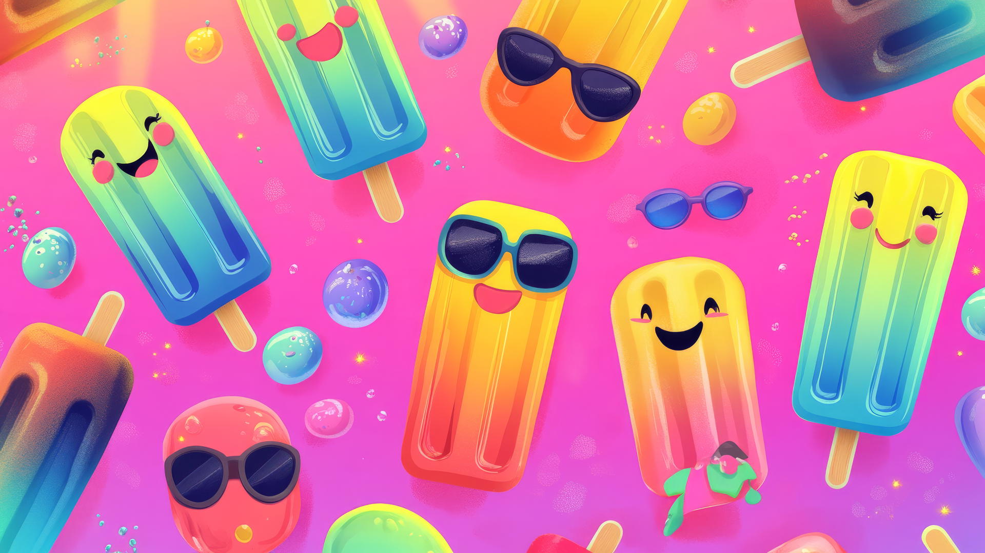 cute summer wallpaper with cartoon popsicles in bright colors, some with smiling faces and sunglasses, melting under the summer sun
