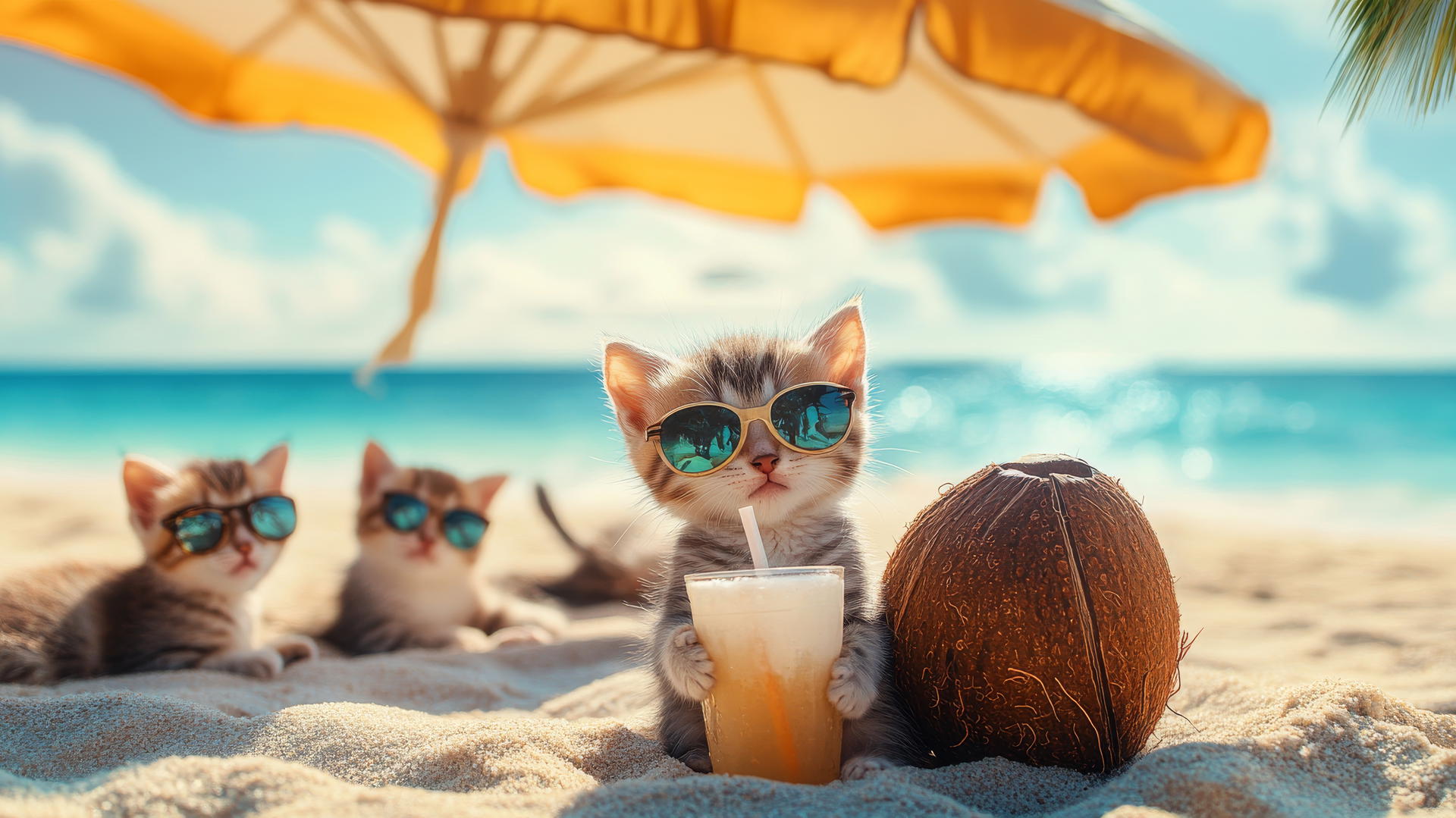 cute summer wallpaper with kittens under a beach umbrella with coconut drinks