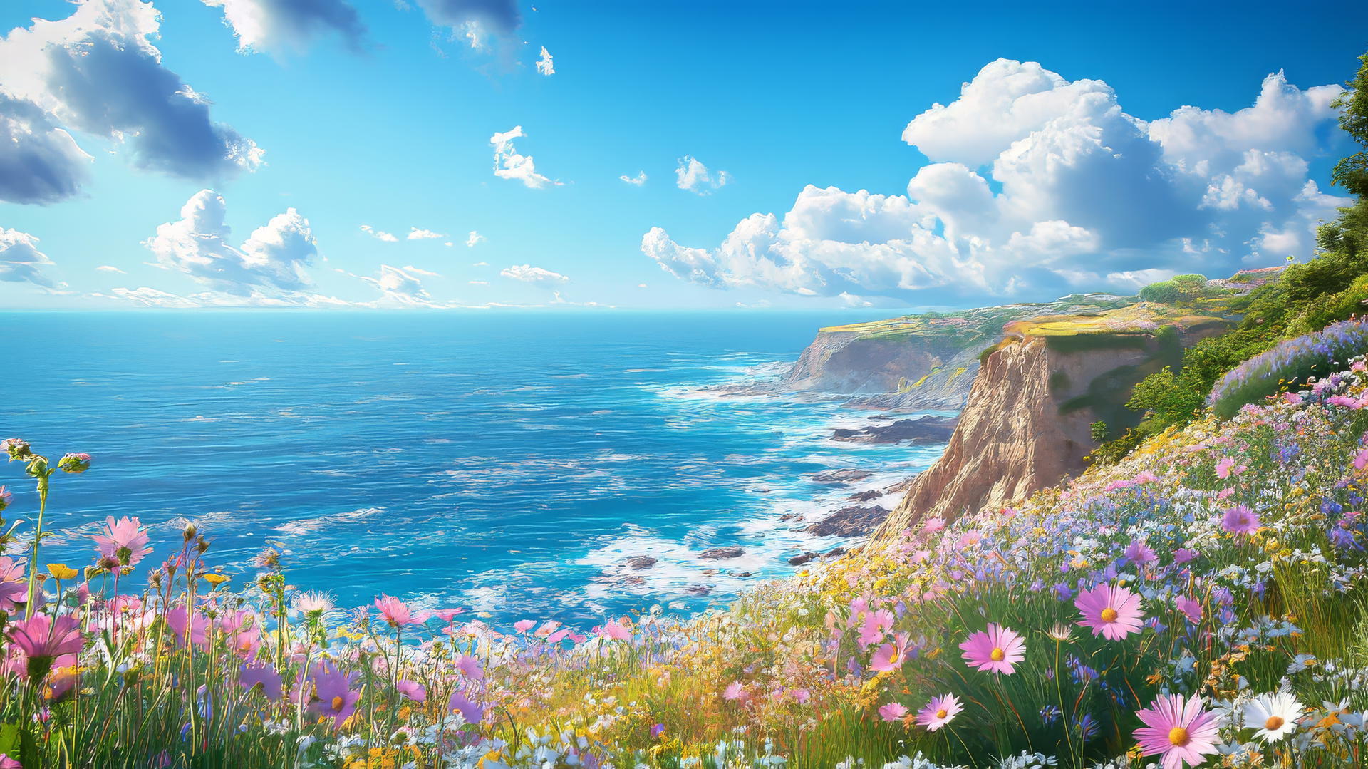 scenic coastal cliffside with wildflowers and ocean view, summer aesthetic wallpaper