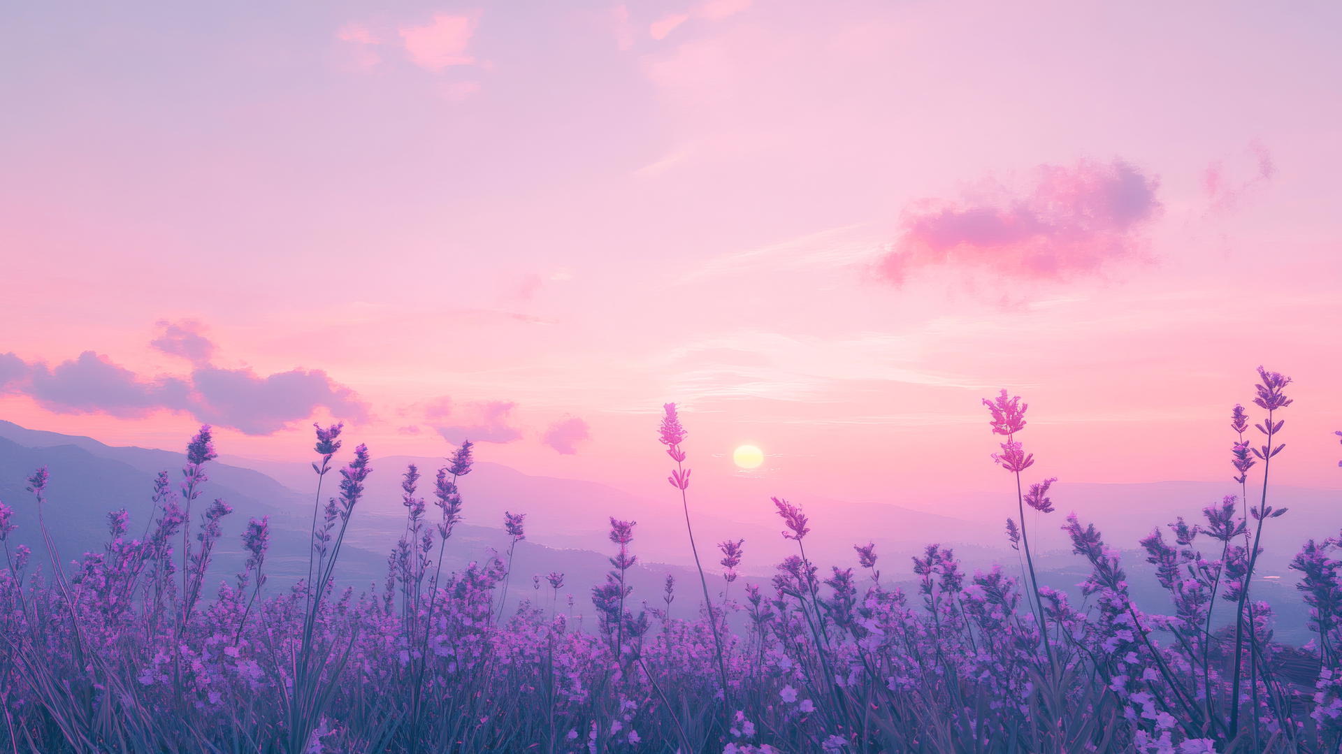 aesthetic purple wallpaper with lavender blooms and dreamy sunset