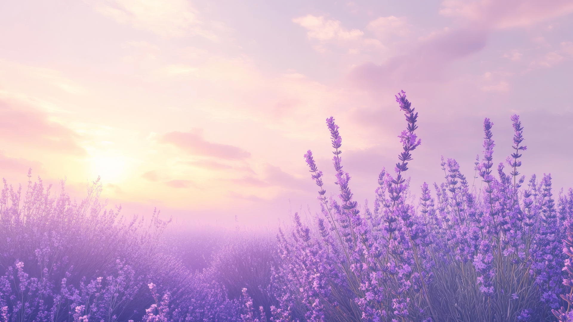 Aesthetic purple wallpaper with lavender blooms, pastel clouds, and a dreamy sunset.