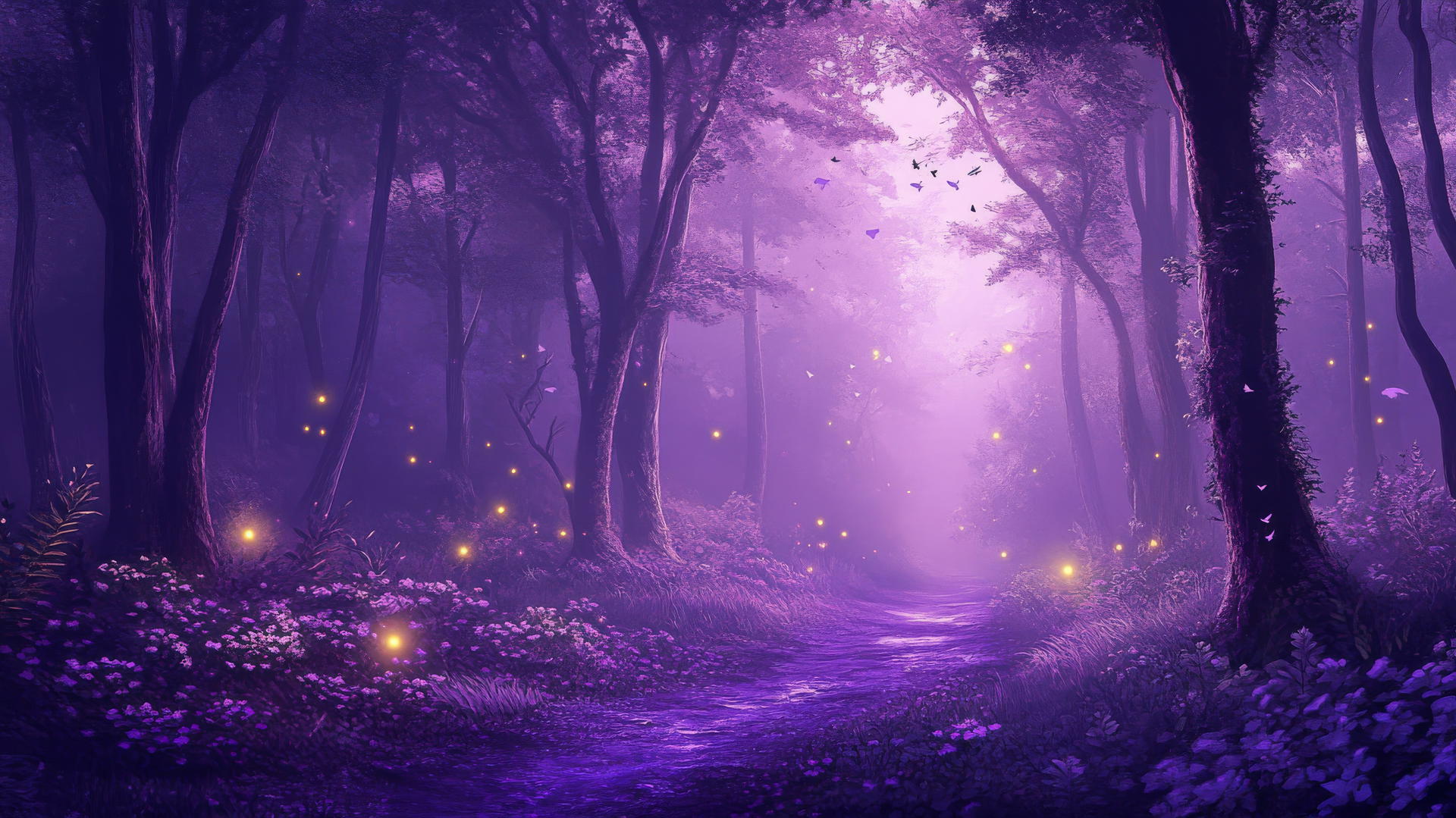 Aesthetic purple wallpaper with mystical forest, purple twilight, mist, and glowing fireflies