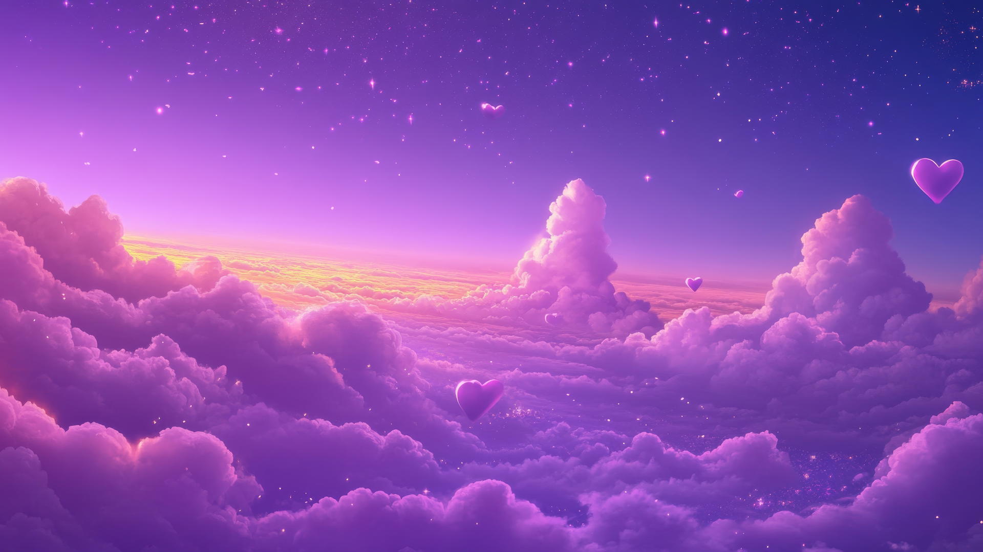 aesthetic purple wallpaper with heart-shaped clouds and sparkles in lavender sky