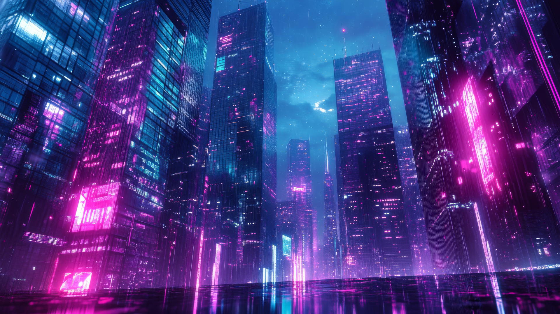 futuristic cityscape with purple and blue neon lights, wallpaper purple 4k
