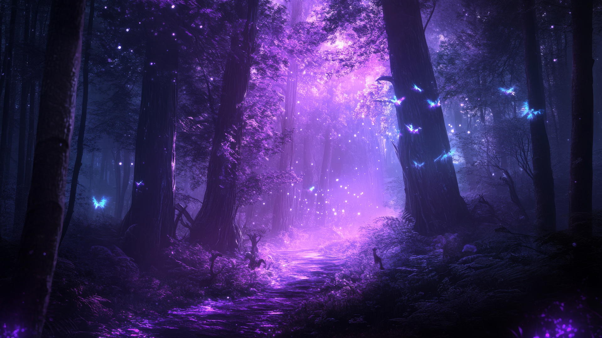 Mystical purple wallpaper aesthetic with glowing trees and enchanted creatures